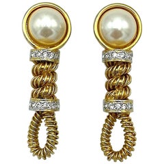 Vintage Valentino 1980s Gold, Pearl & Rhinstone Rope Twist Earrings