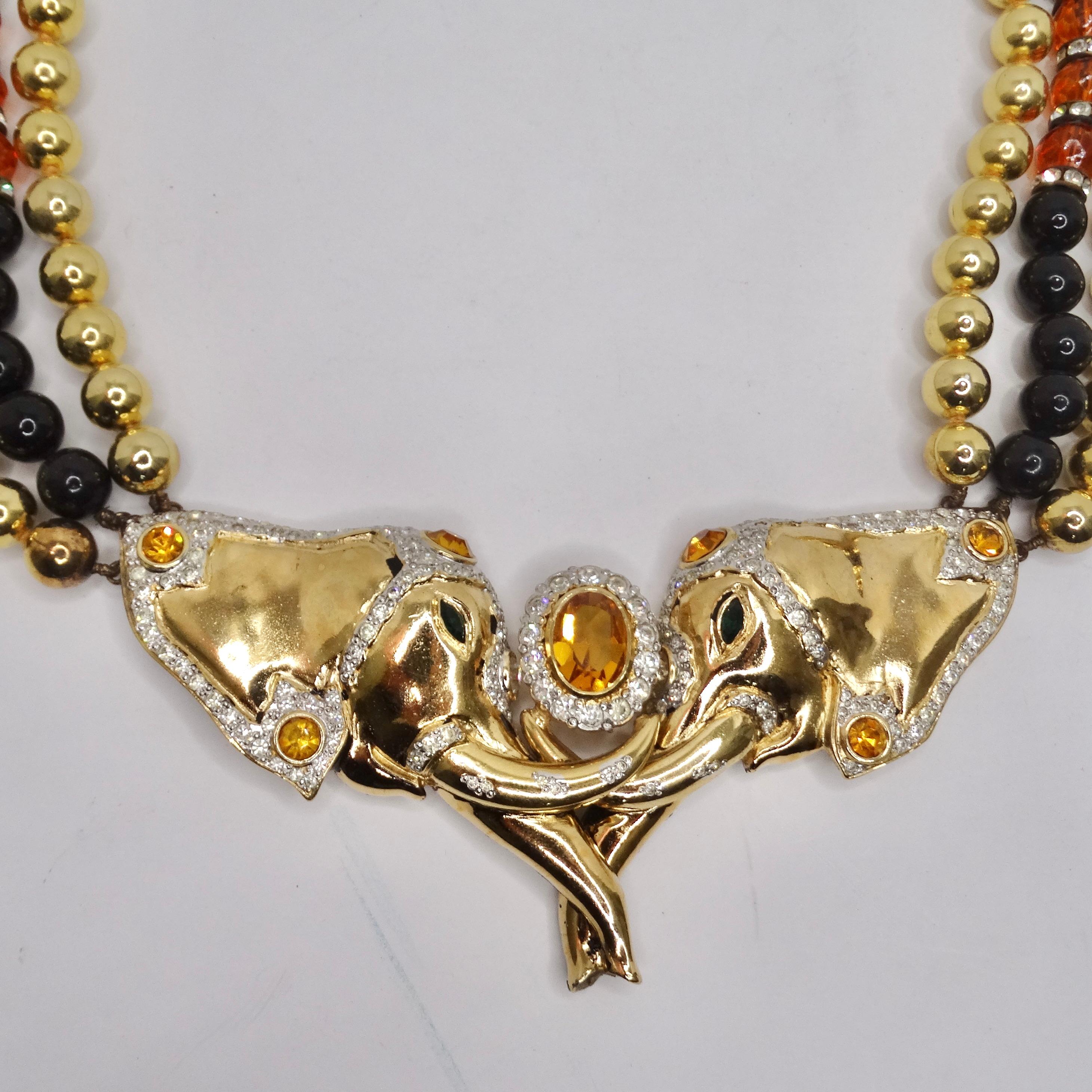 Valentino 1980s Gold Plated Elephant Pendent Statement Necklace 2