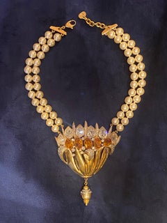 Valentino 1980s Gold Two Strand Pearl with Gold and Crystal Flower Necklace