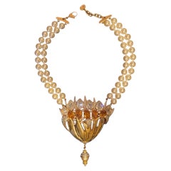 Valentino 1980s Gold Two Strand Pearl with Gold and Crystal Flower Necklace