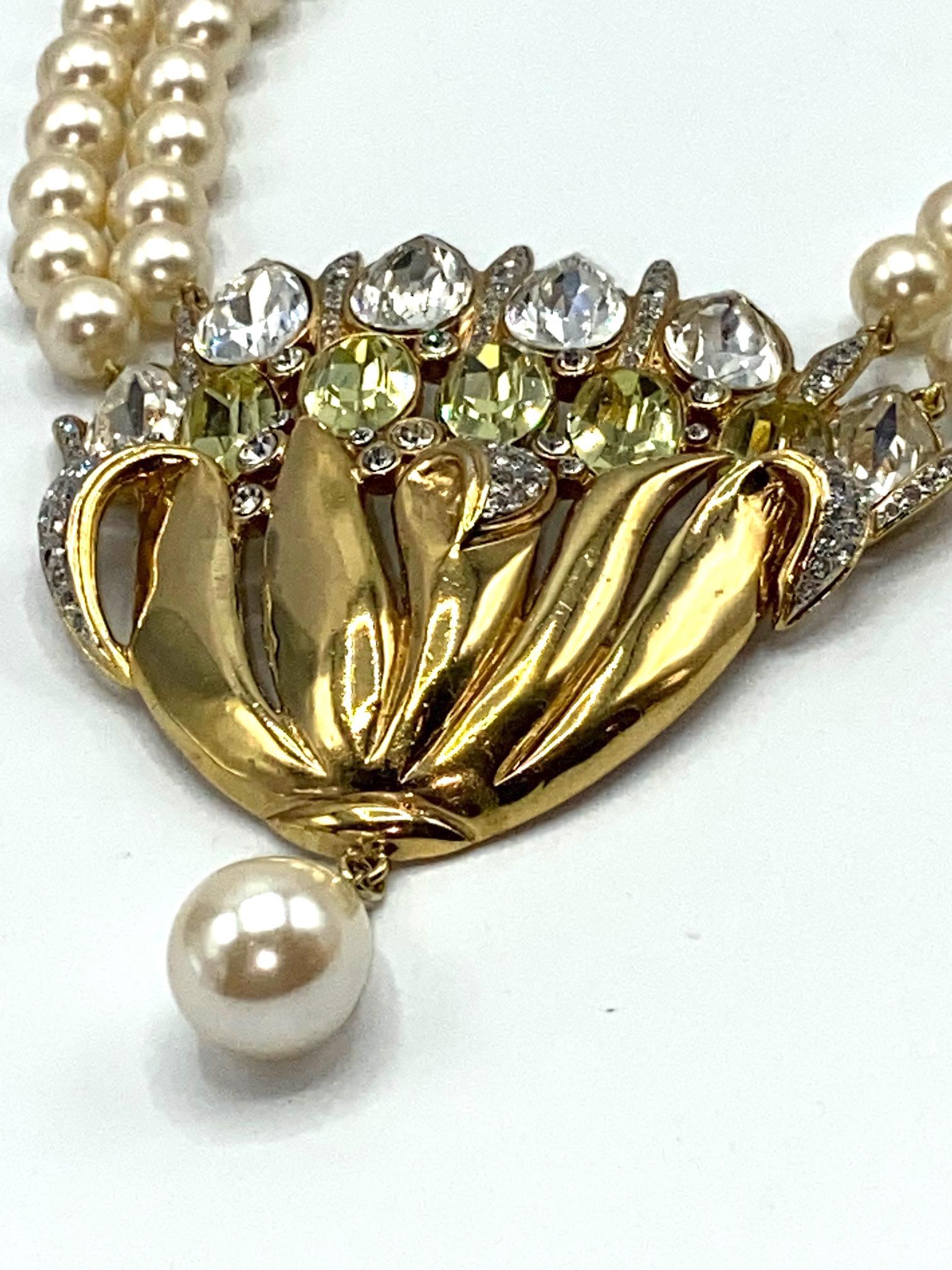 Valentino 1980s Pearl Necklace with Gold & Rhinestone Flower Center Piece 5