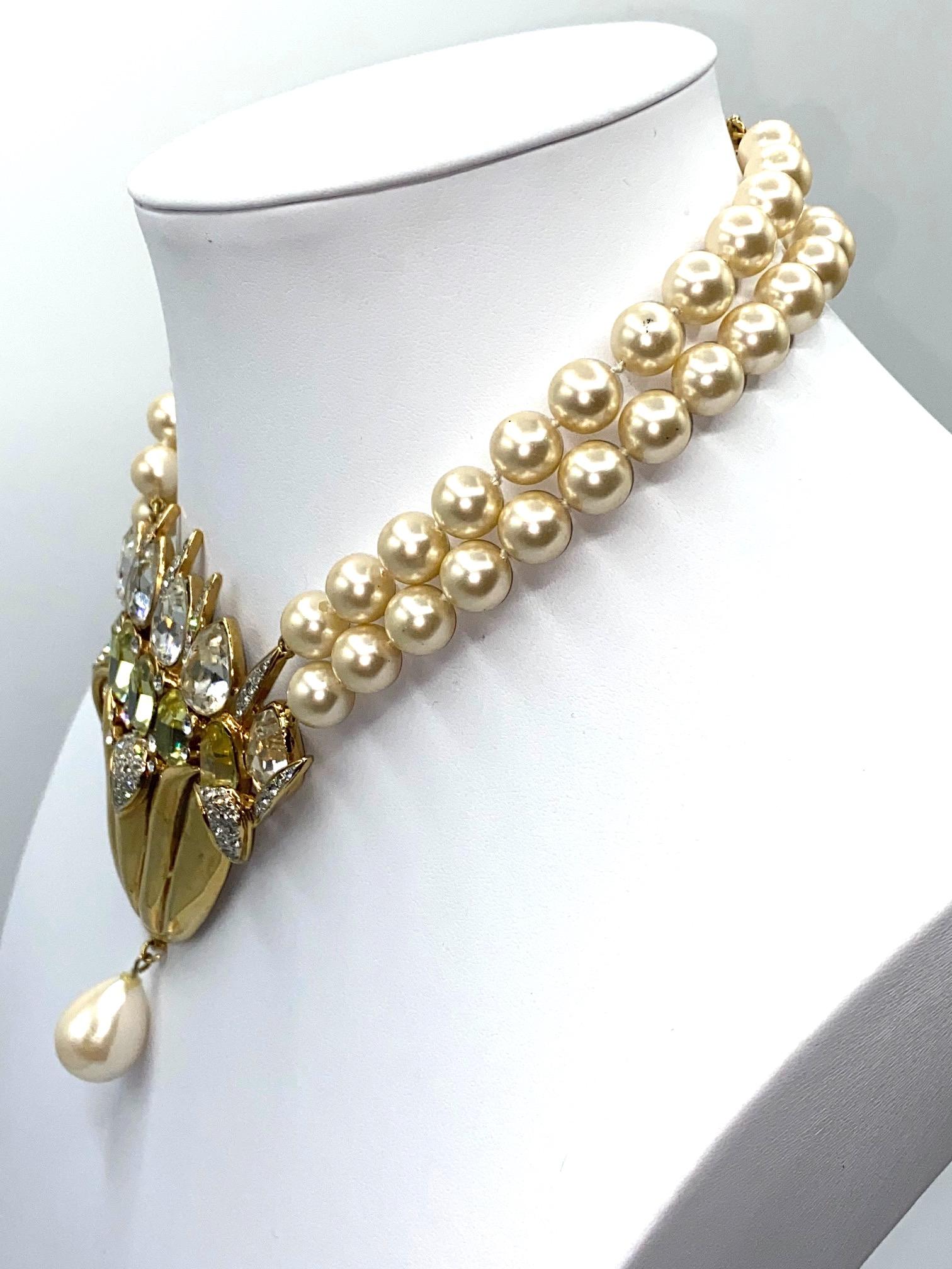 Women's Valentino 1980s Pearl Necklace with Gold & Rhinestone Flower Center Piece