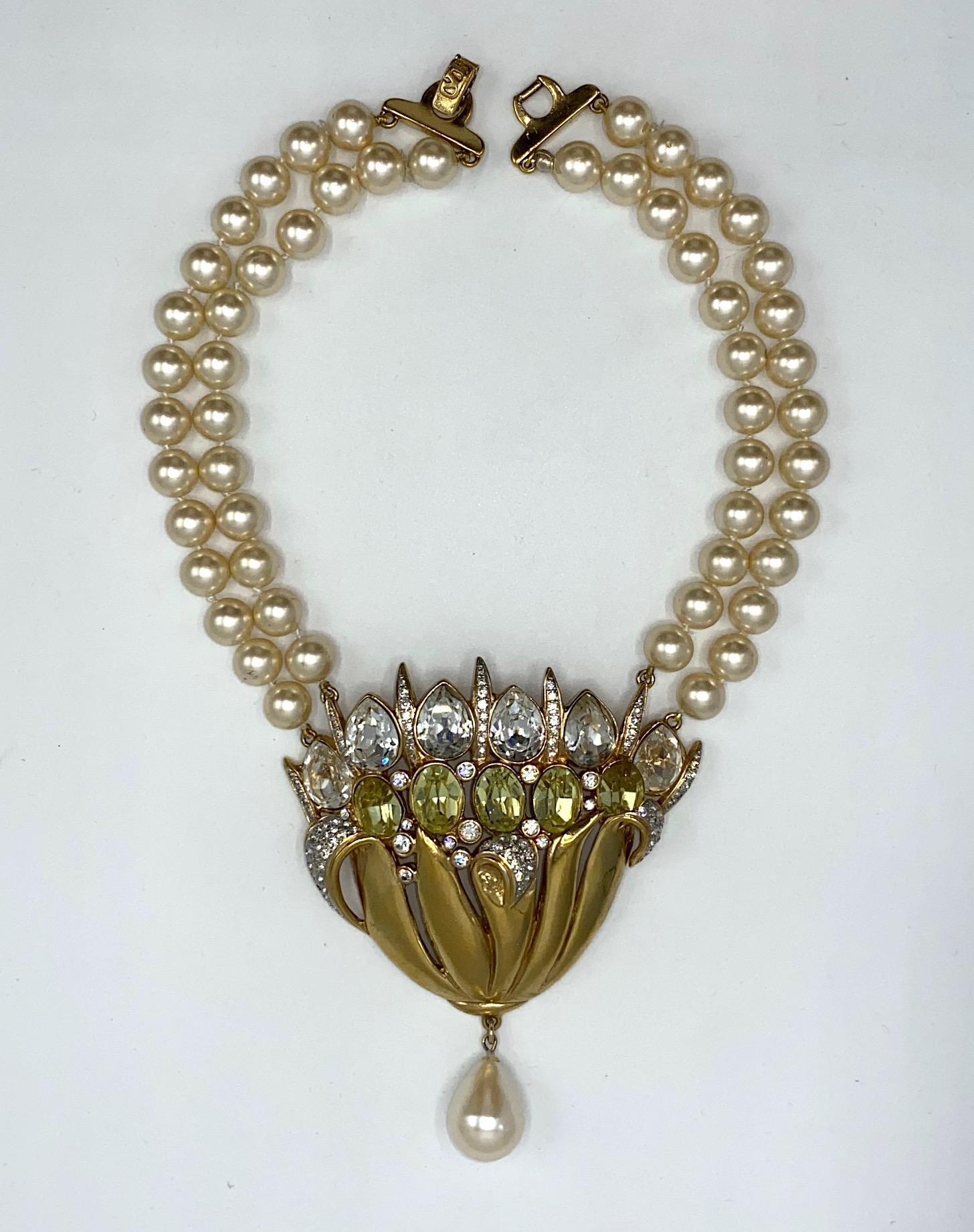 Valentino 1980s Pearl Necklace with Gold & Rhinestone Flower Center Piece 1