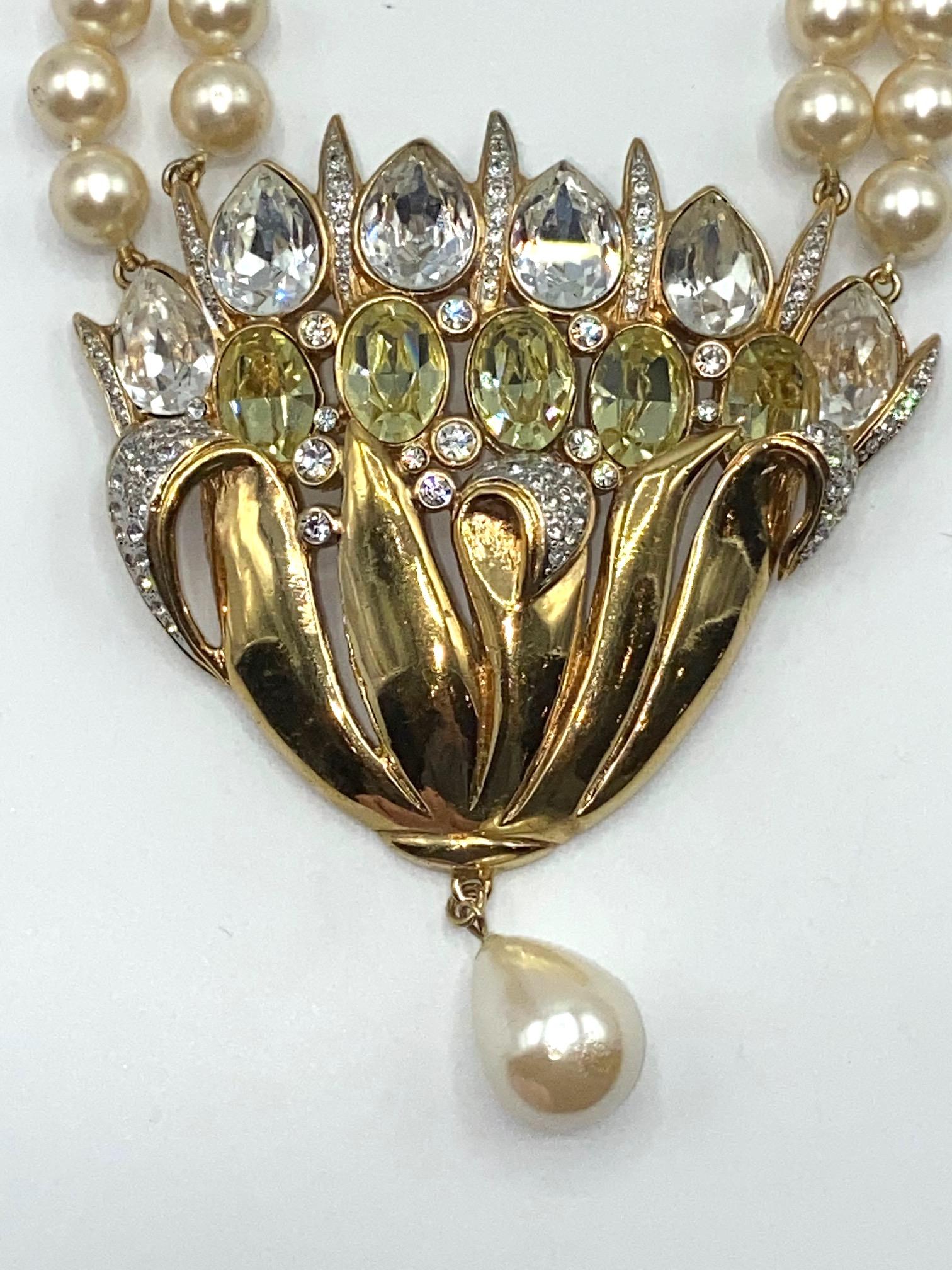 Valentino 1980s Pearl Necklace with Gold & Rhinestone Flower Center Piece 2