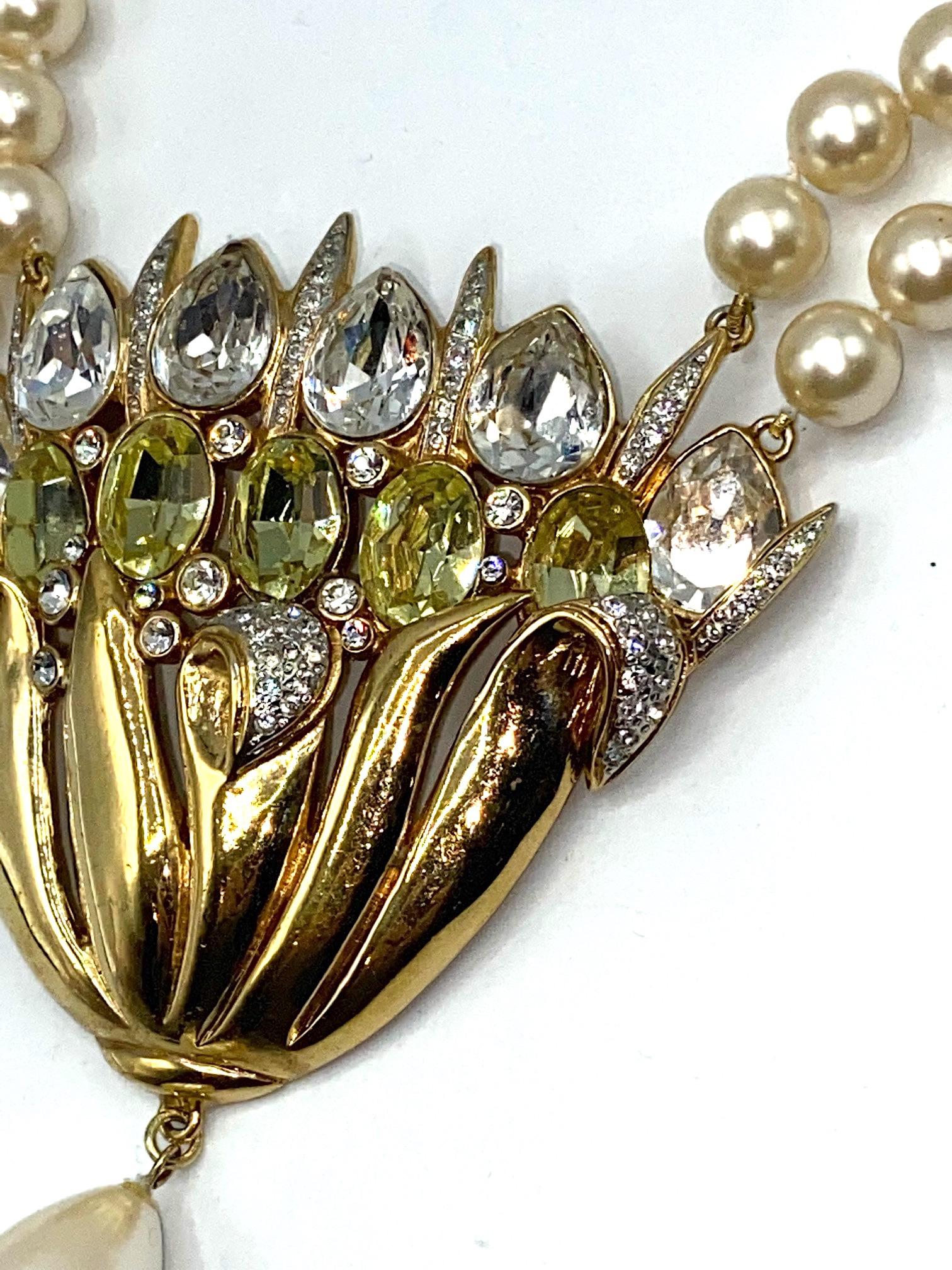 Valentino 1980s Pearl Necklace with Gold & Rhinestone Flower Center Piece 3