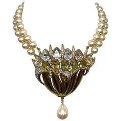 Used Valentino 1980s Pearl Necklace with Gold & Rhinestone Flower Center Piece
