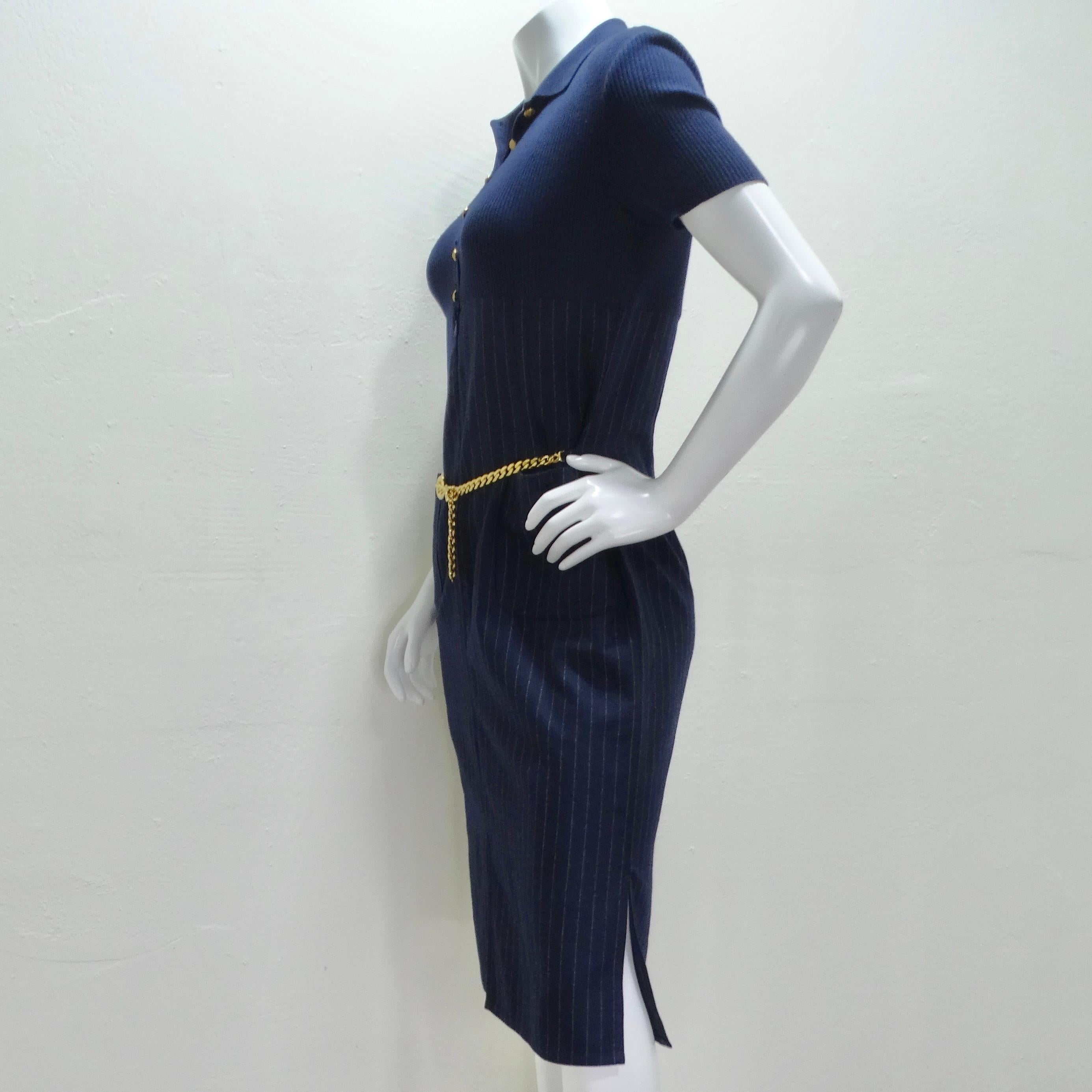 Valentino 1980s Pinstripe Chain Link Belted Midi Dress For Sale 8