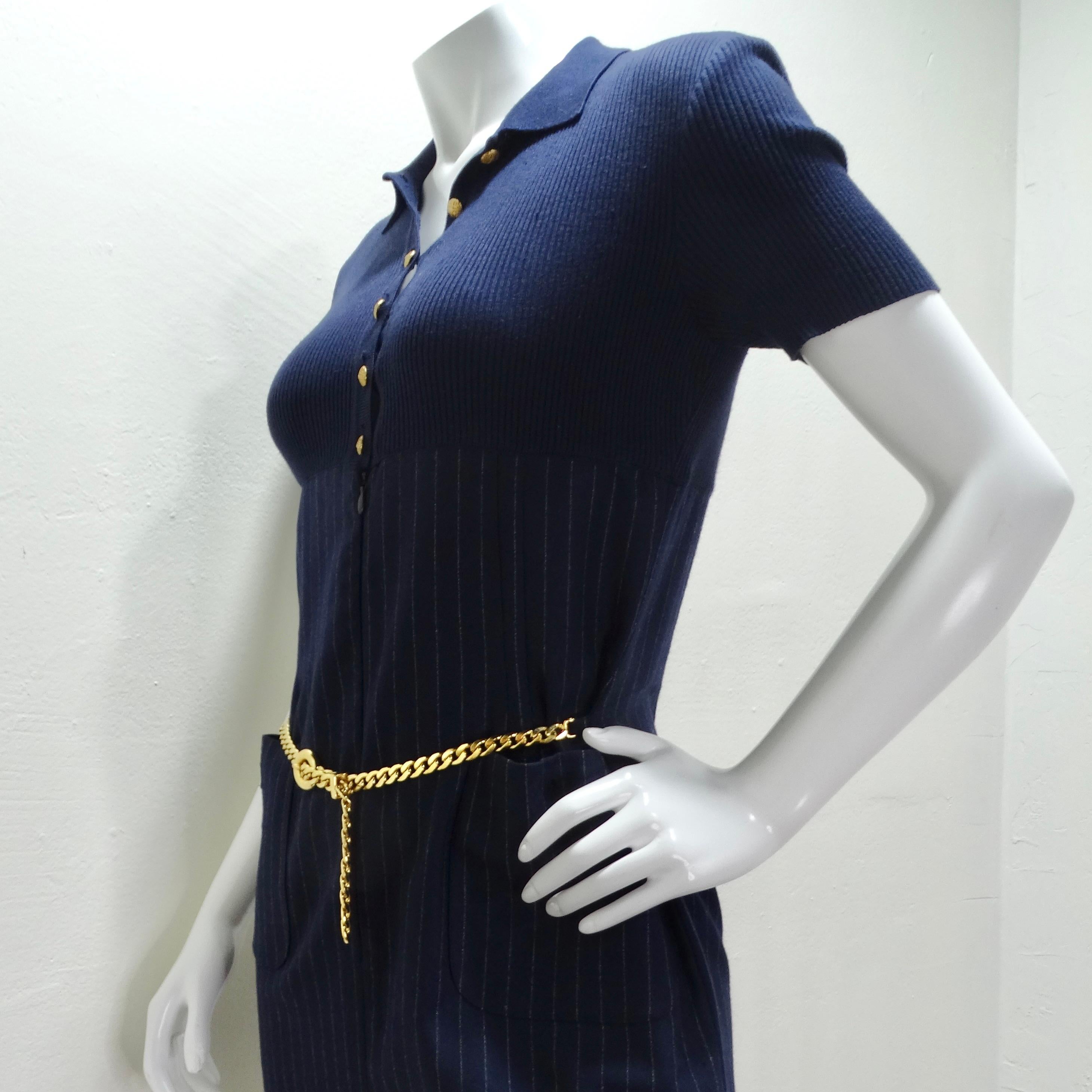 Valentino 1980s Pinstripe Chain Link Belted Midi Dress For Sale 9