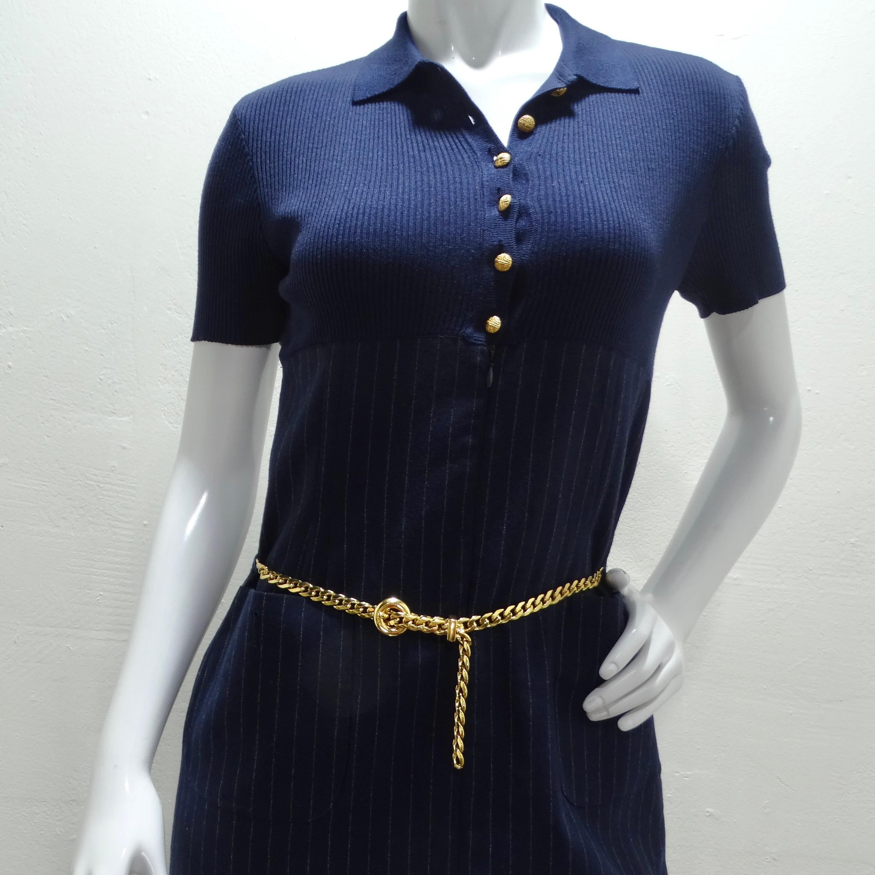 Valentino 1980s Pinstripe Chain Link Belted Midi Dress In Good Condition For Sale In Scottsdale, AZ