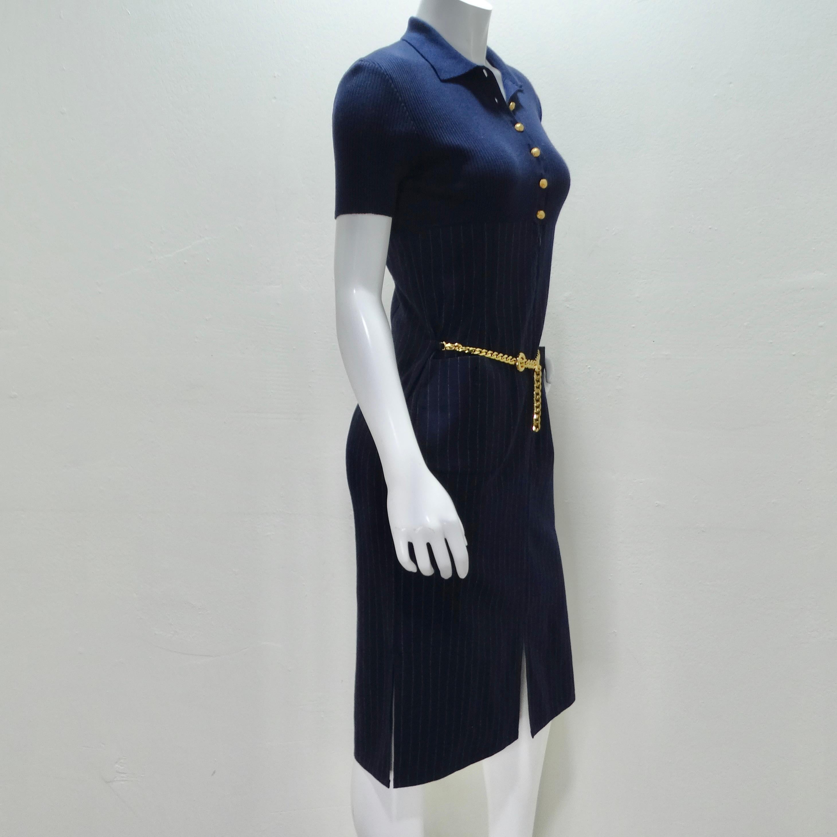Valentino 1980s Pinstripe Chain Link Belted Midi Dress For Sale 4