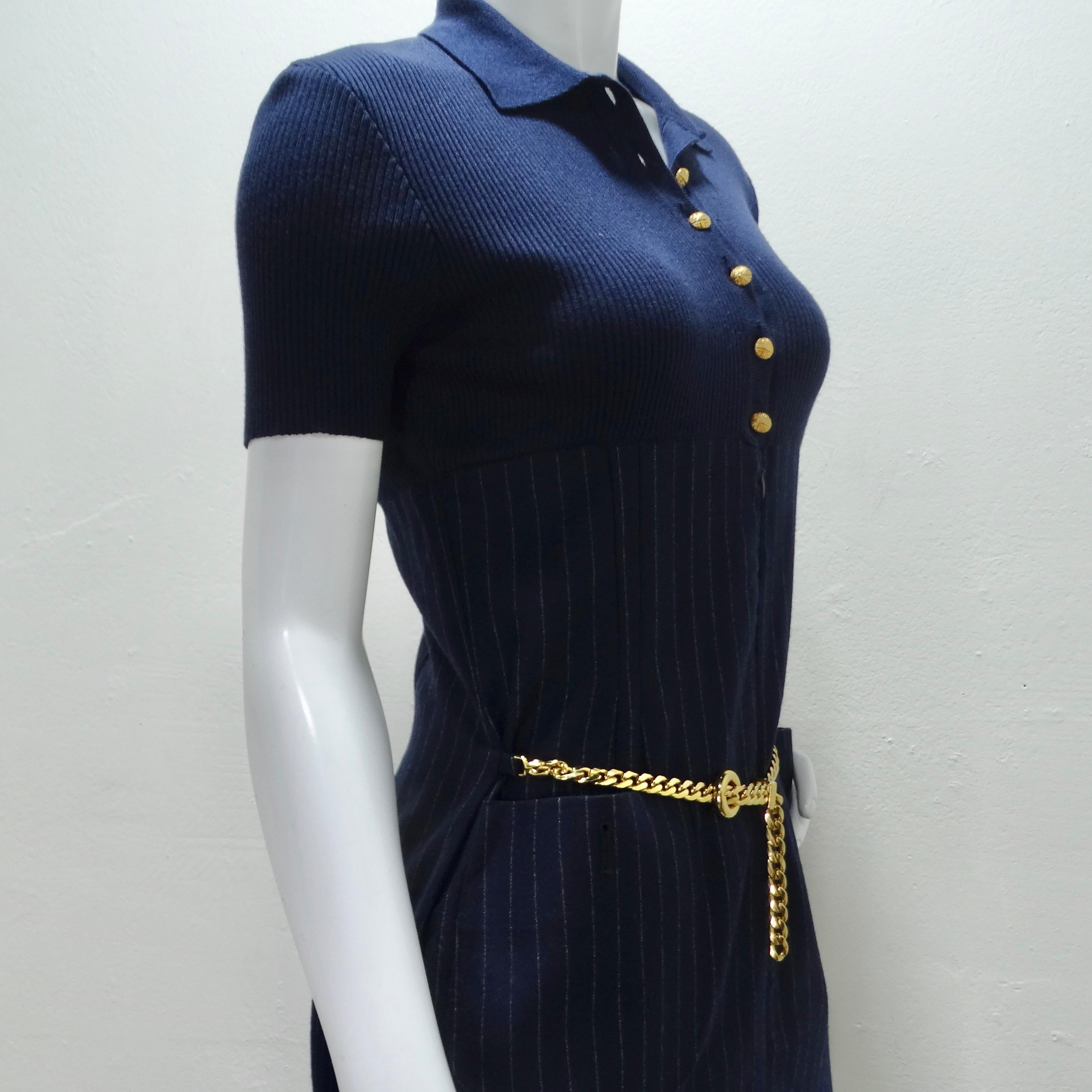 Valentino 1980s Pinstripe Chain Link Belted Midi Dress For Sale 5