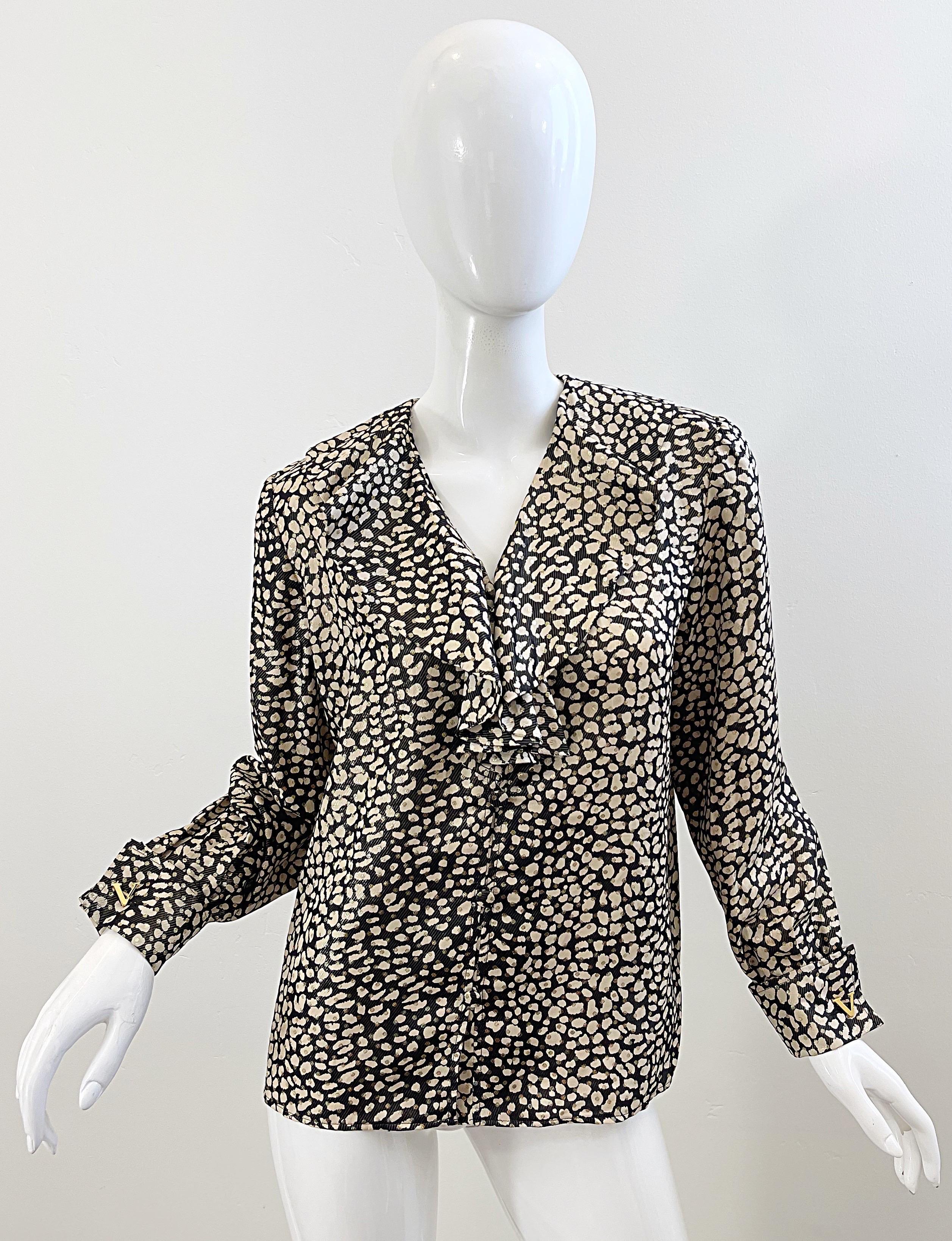 Valentino 1990s Leopard Animal Print Black Ivory Gold V Cufflinks Silk Blouse For Sale 8
