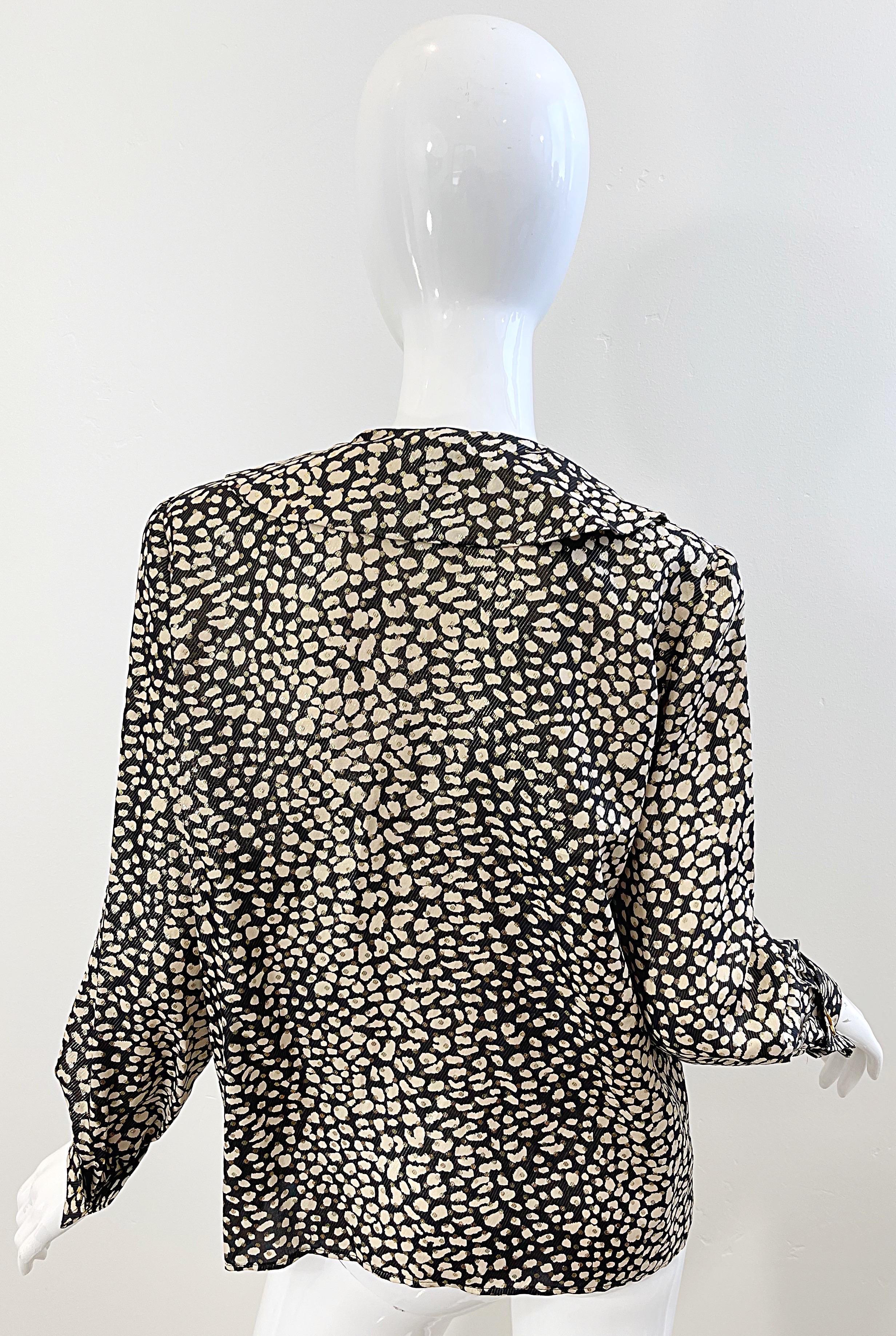 Women's Valentino 1990s Leopard Animal Print Black Ivory Gold V Cufflinks Silk Blouse For Sale