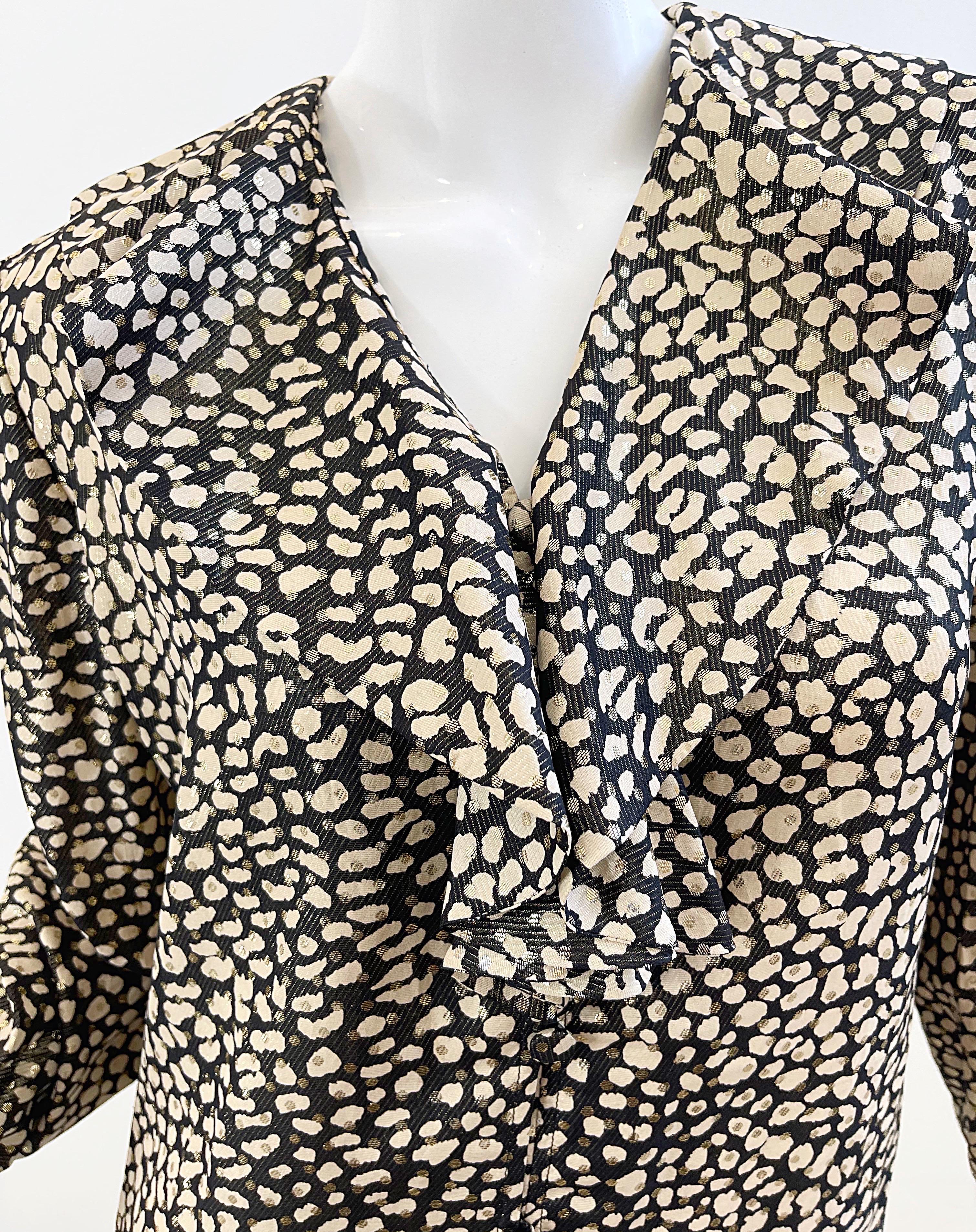Valentino 1990s Leopard Animal Print Black Ivory Gold V Cufflinks Silk Blouse For Sale 1