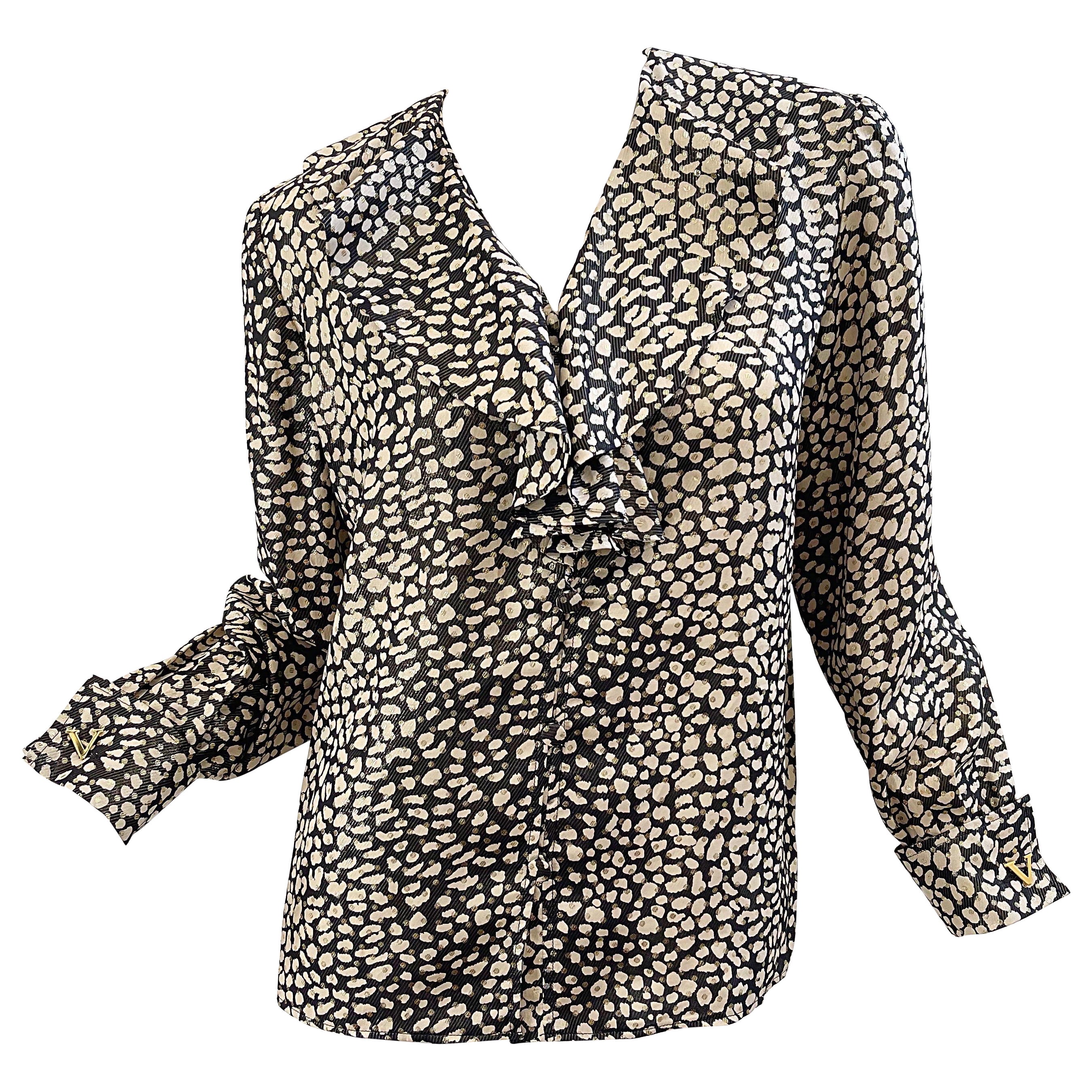 Valentino 1990er Jahre Leopard Tierdruck Schwarz Elfenbein Gold V Manschettenknöpfe Seidenbluse im Angebot