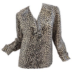 Valentino 1990s Leopard Animal Print Black Ivory Gold V Cufflinks Silk Blouse