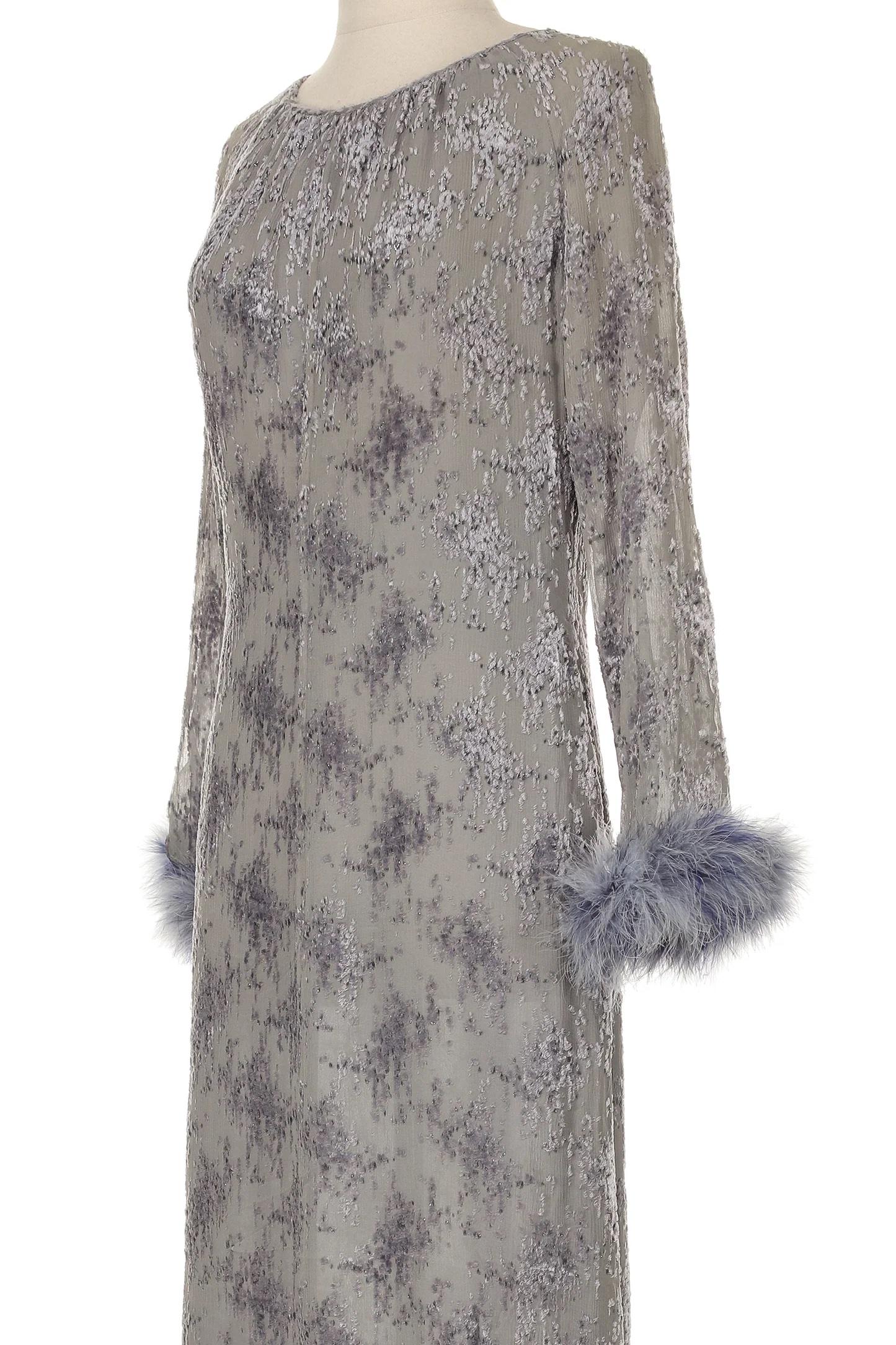 Gray Valentino 1990s Long Sleeve Gown with Fur Trim For Sale