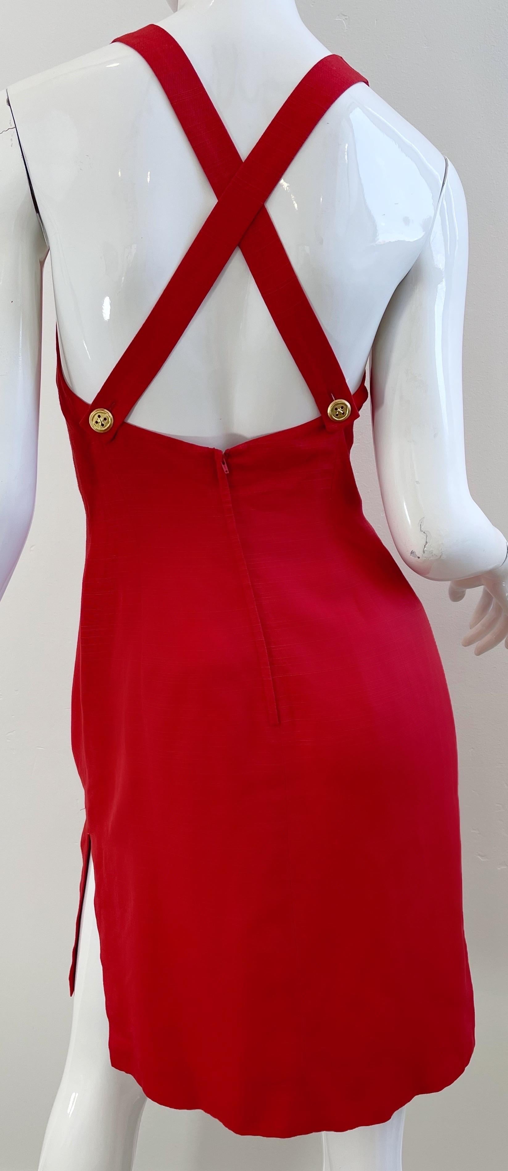 Valentino 1990er Größe 4 Lippenstift Rot Leinen + Rayon Träger Criss Cross 90er Jahre Kleid im Angebot 6