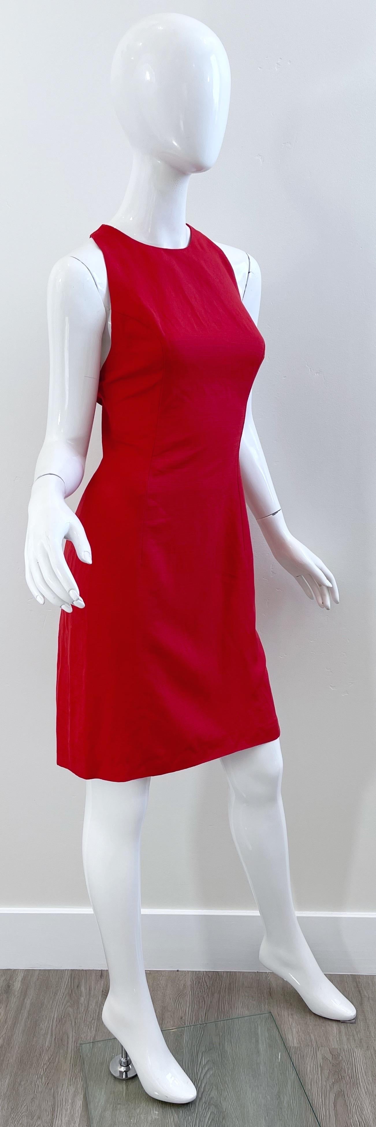 Valentino 1990s Size 4 Lipstick Red Linen + Rayon Halter Criss Cross 90s Dress For Sale 4