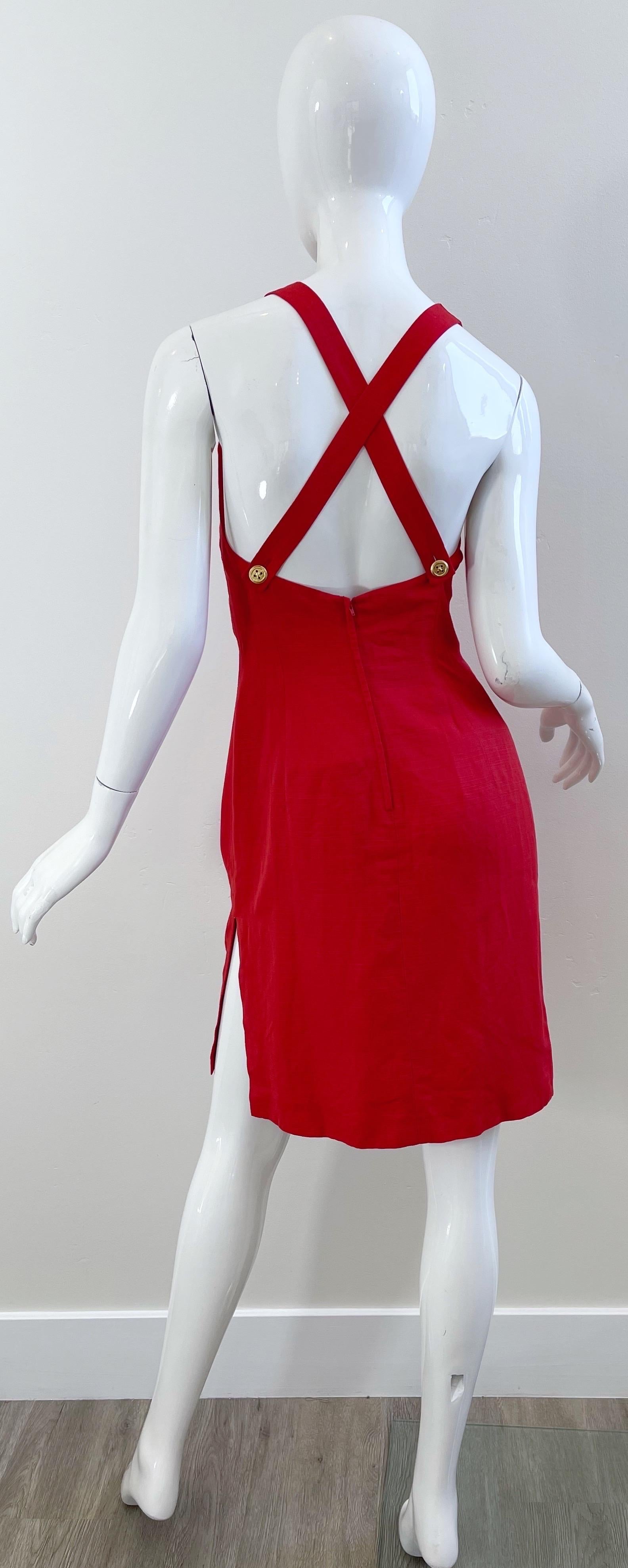 Valentino 1990s Size 4 Lipstick Red Linen + Rayon Halter Criss Cross 90s Dress For Sale 5