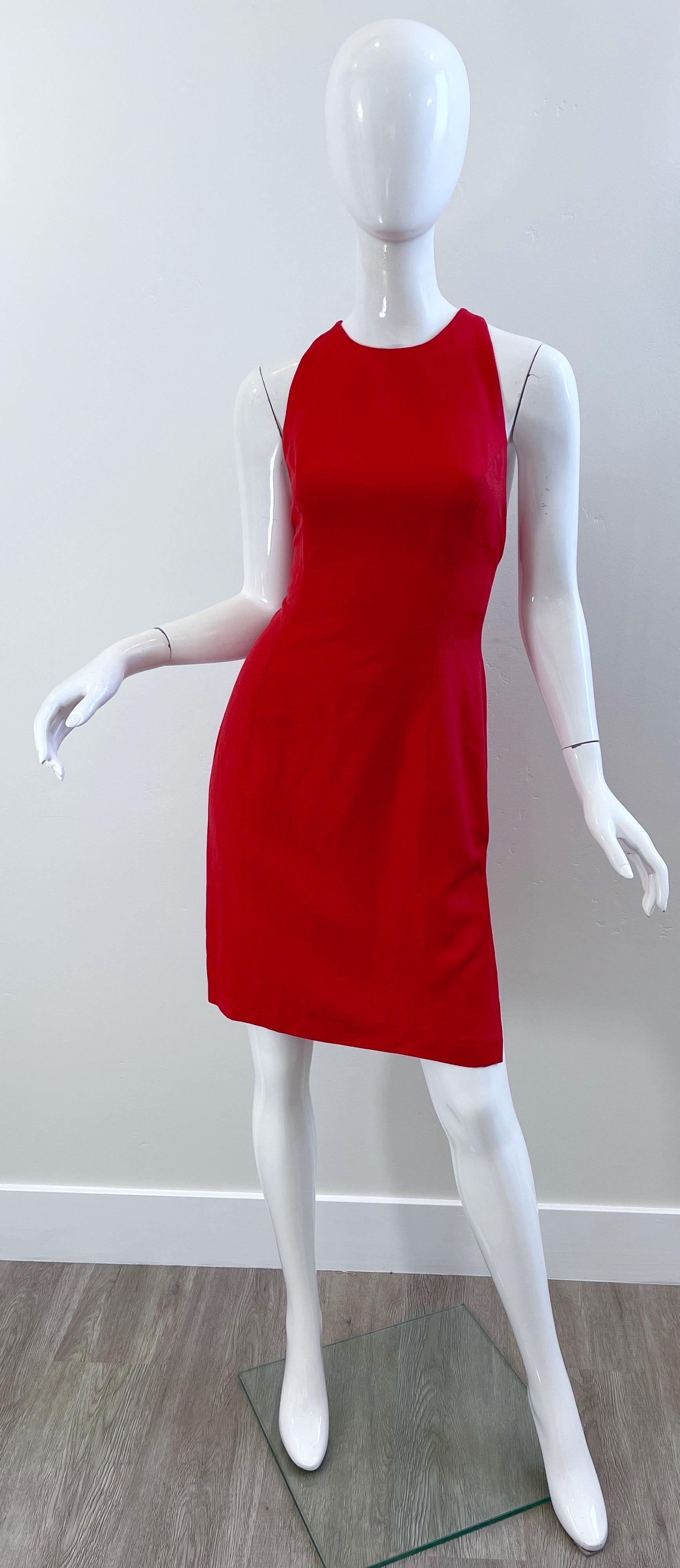 Valentino 1990s Size 4 Lipstick Red Linen + Rayon Halter Criss Cross 90s Dress For Sale 6