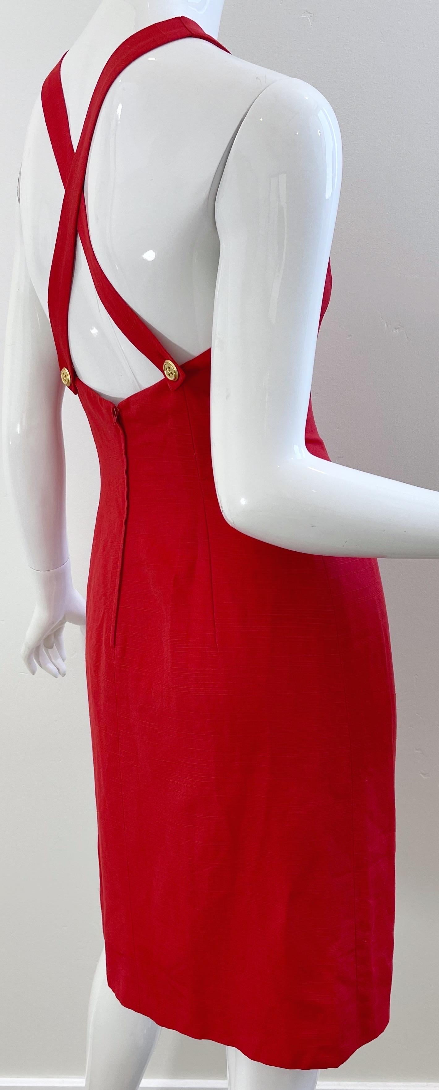 Rouge Valentino - Robe croisée en lin et rayonne rouge à lèvres, taille 4, années 1990 en vente