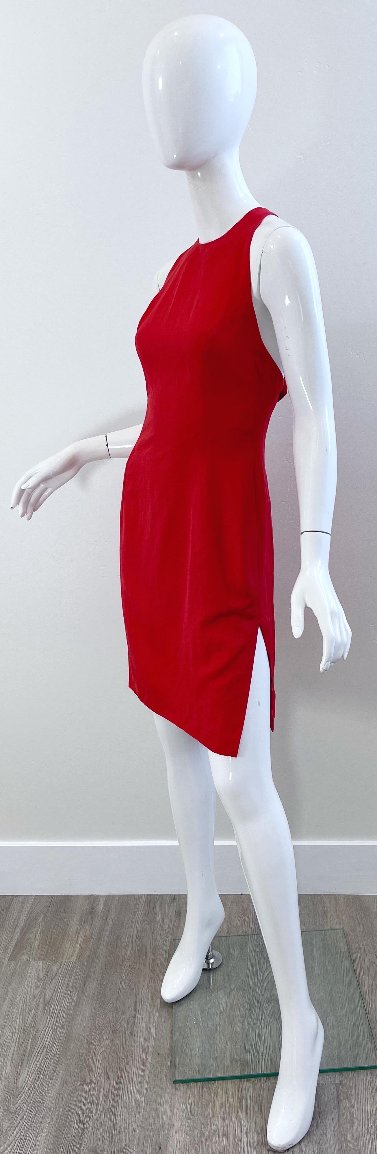 Valentino 1990er Größe 4 Lippenstift Rot Leinen + Rayon Träger Criss Cross 90er Jahre Kleid im Angebot 1