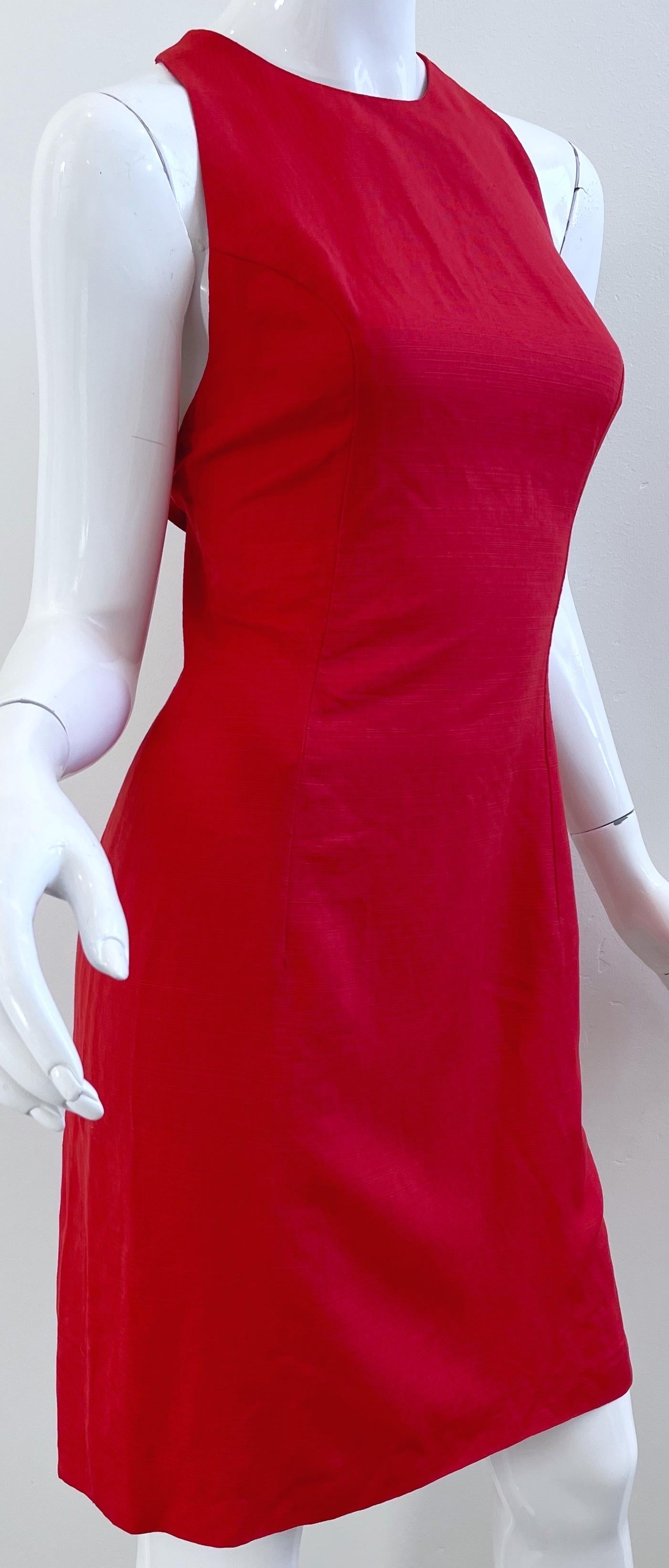 Valentino 1990s Size 4 Lipstick Red Linen + Rayon Halter Criss Cross 90s Dress In Excellent Condition For Sale In San Diego, CA