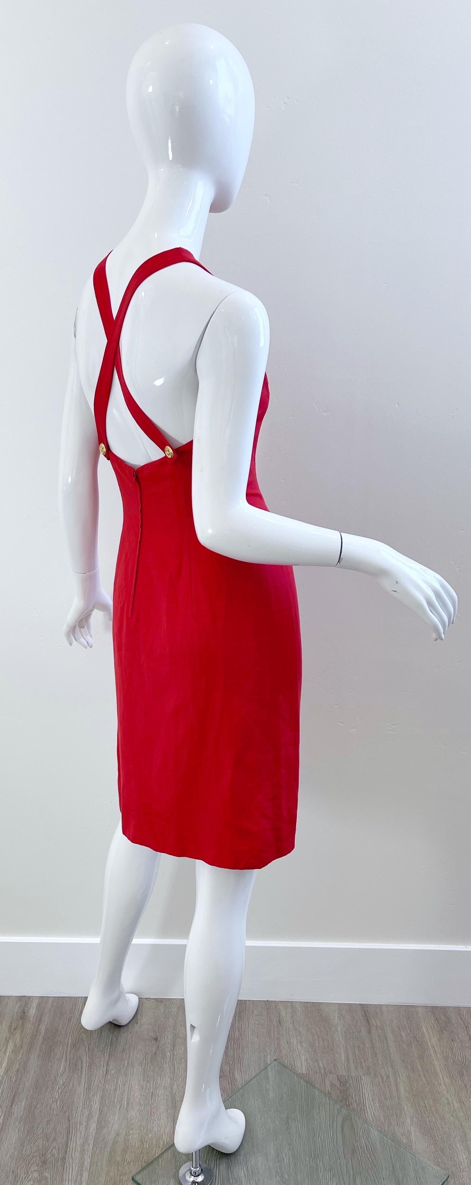 Women's Valentino 1990s Size 4 Lipstick Red Linen + Rayon Halter Criss Cross 90s Dress For Sale