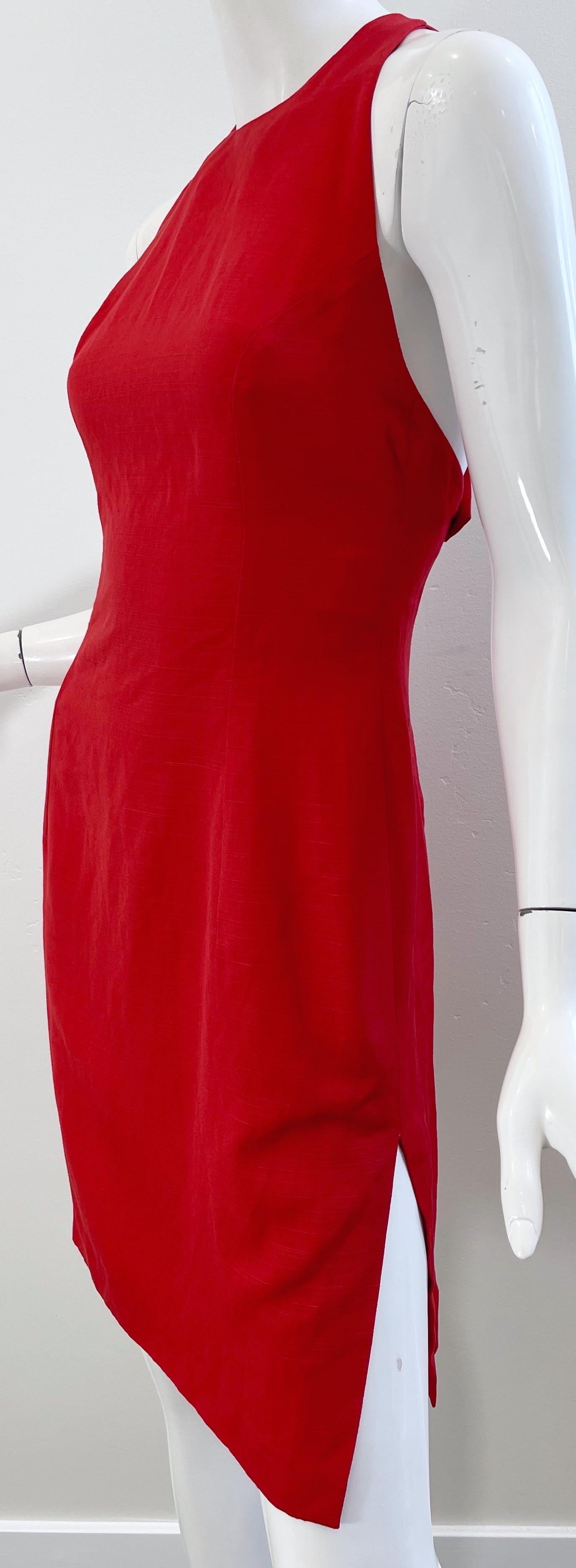 Valentino 1990er Größe 4 Lippenstift Rot Leinen + Rayon Träger Criss Cross 90er Jahre Kleid im Angebot 5