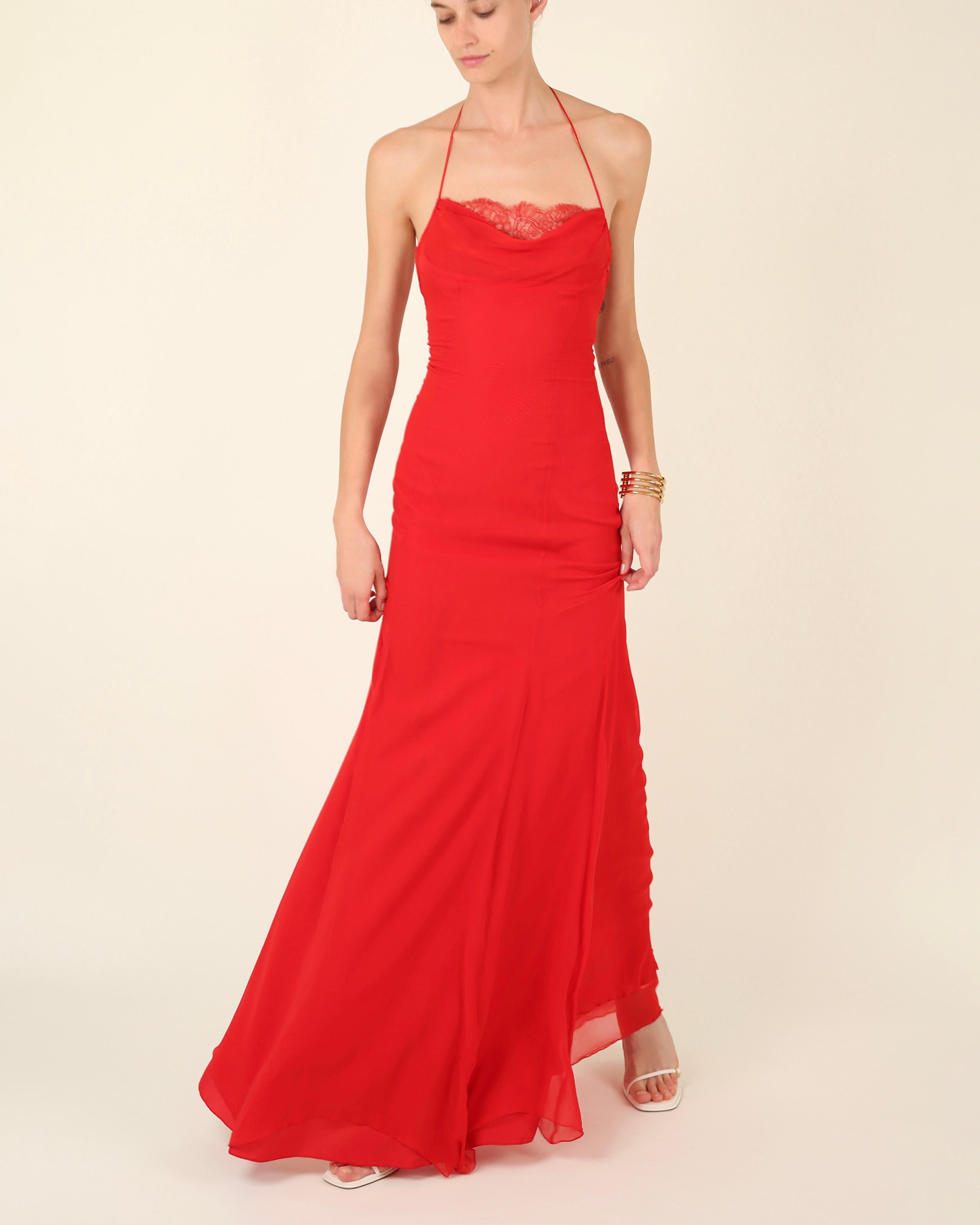 Valentino 1990's vintage red silk lace halter slip style gown dress IT 38 - 40 5