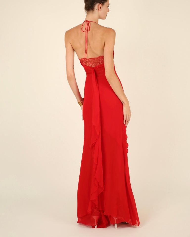 Valentino 1990's vintage red silk lace halter slip style gown dress IT 38  40
