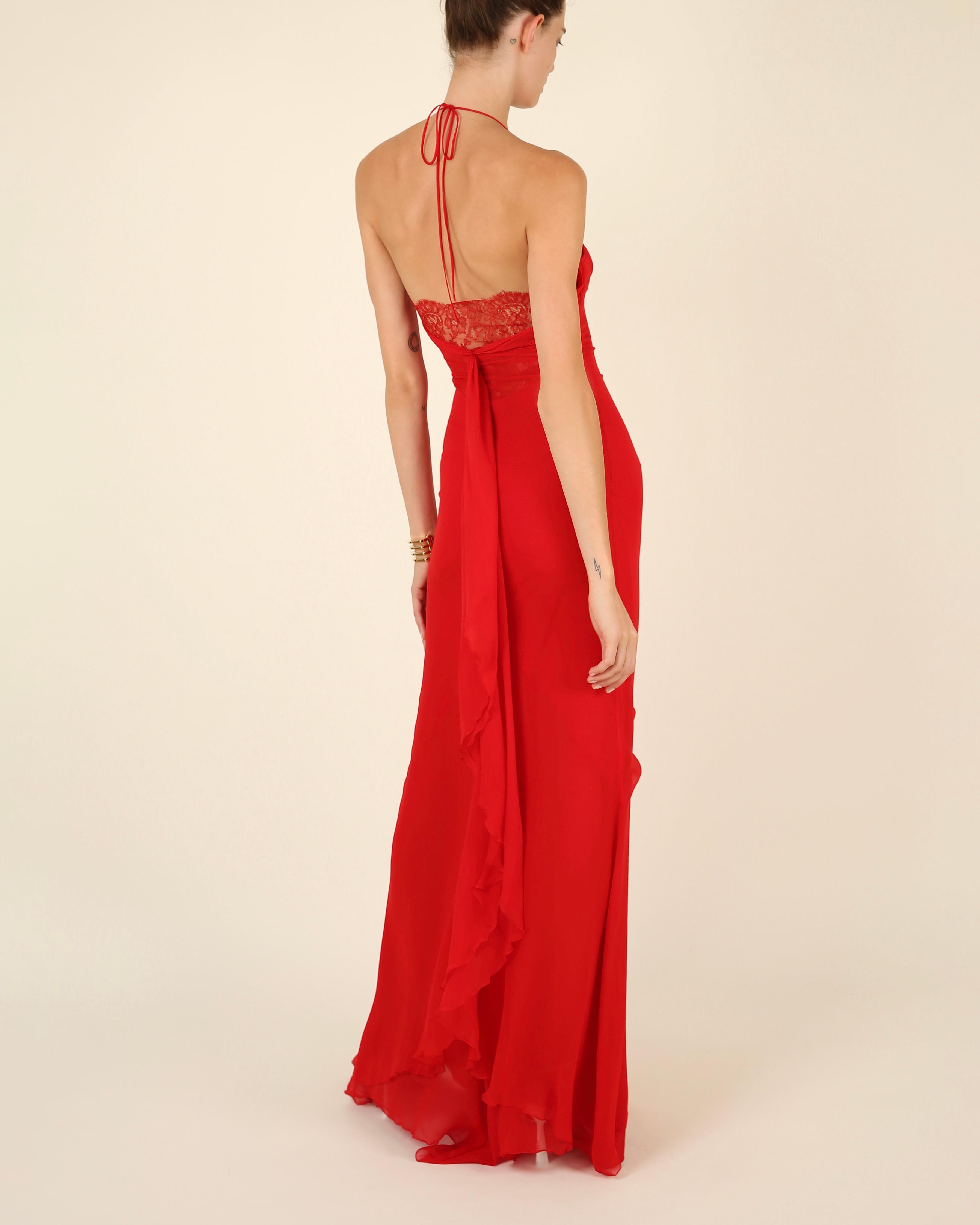 Valentino 1990's vintage red silk lace halter slip style gown dress IT 38 - 40 12