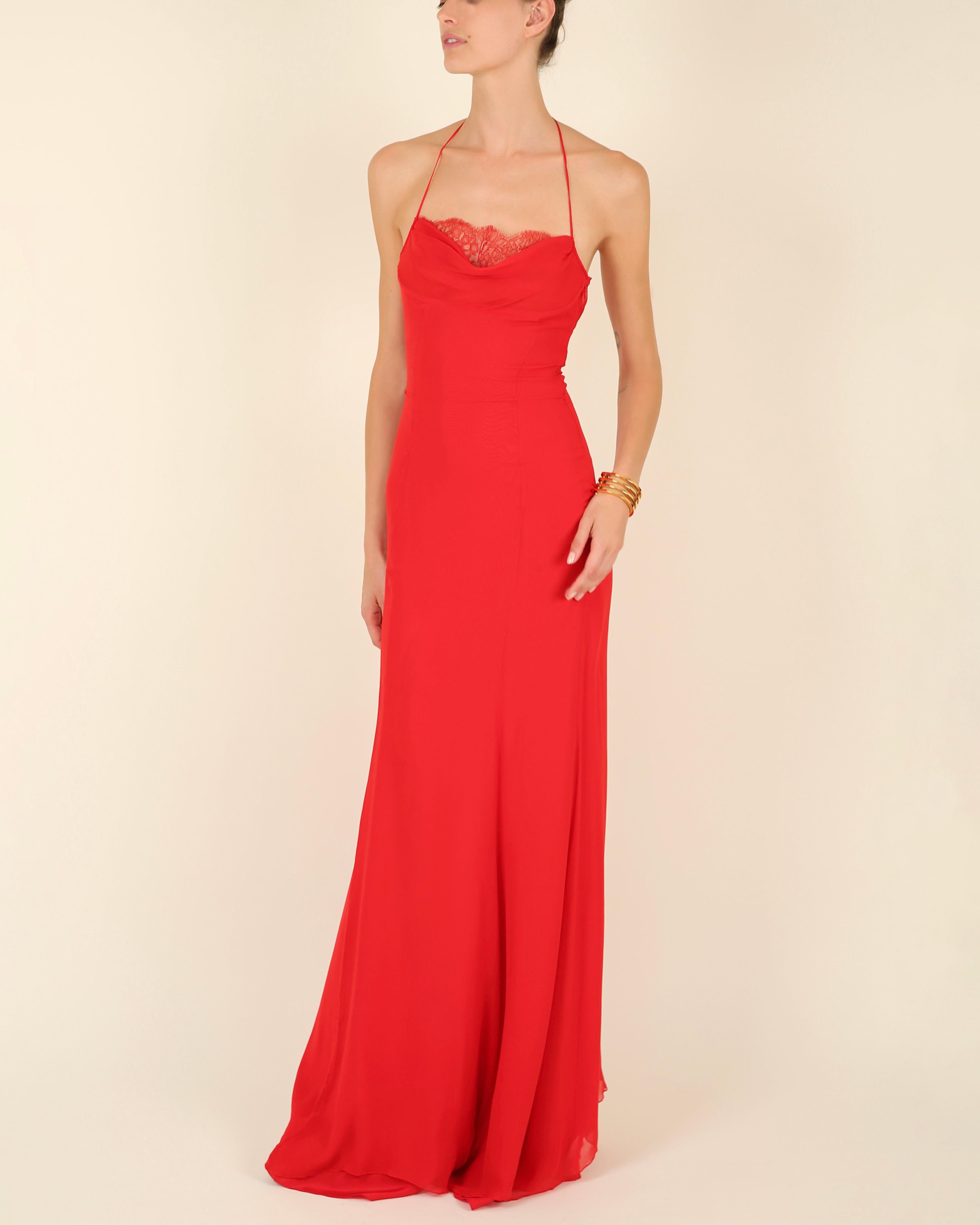 Women's Valentino 1990's vintage red silk lace halter slip style gown dress IT 38 - 40