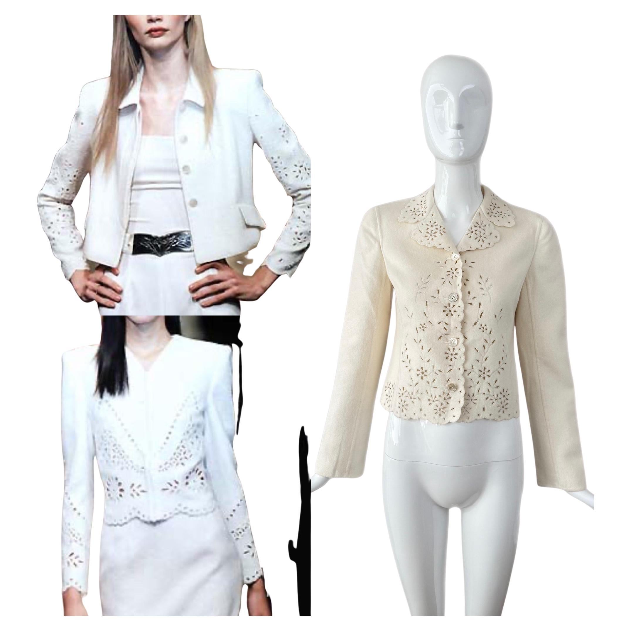 VALENTINO 1998 Vintage Ivory Eyelet Blazer Jacket Wool Cashmere Runway