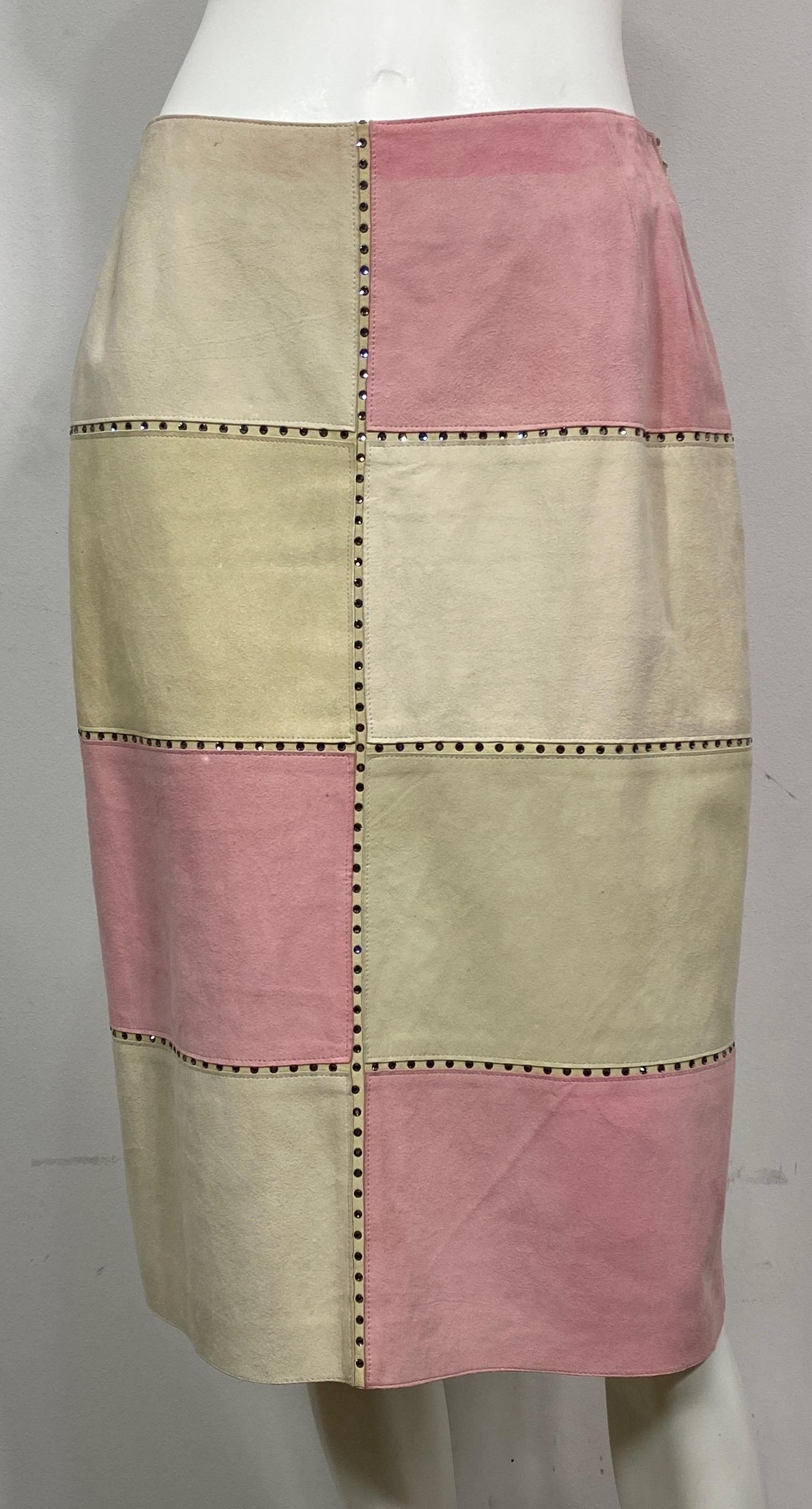 Valentino 2000 Autumn Collection Tan and Rose Patchwork Lambskin Skirt-Size 10. This soft leather patchwork skirt has earth tone Swarovski crystals forming a border around the 9” wide by 6” high patchwork lambskin suede leather pieces that alternate