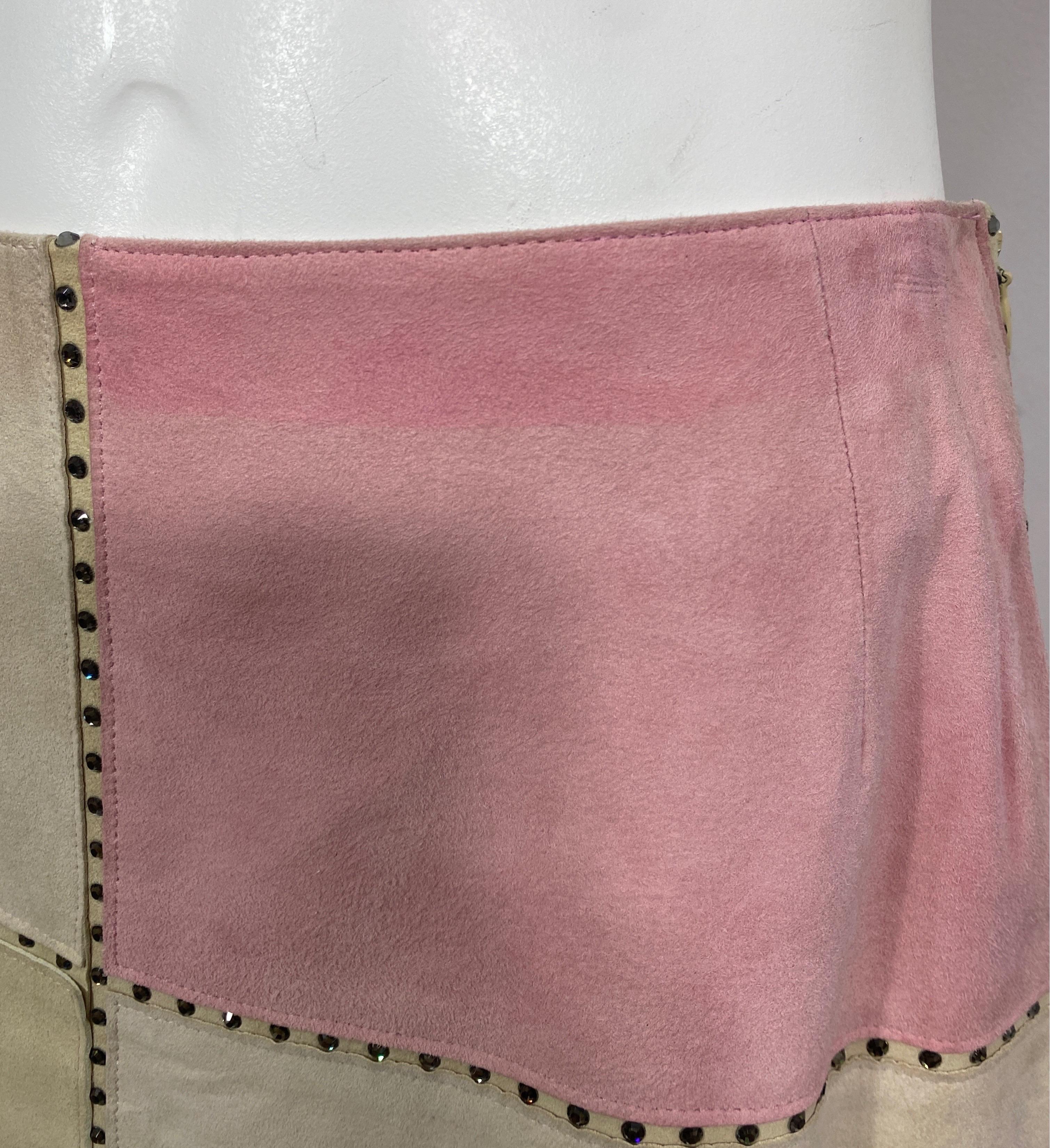 Valentino 2000 Autumn Collection Tan and Rose Patchwork Lambskin Skirt-Size 10 For Sale 1