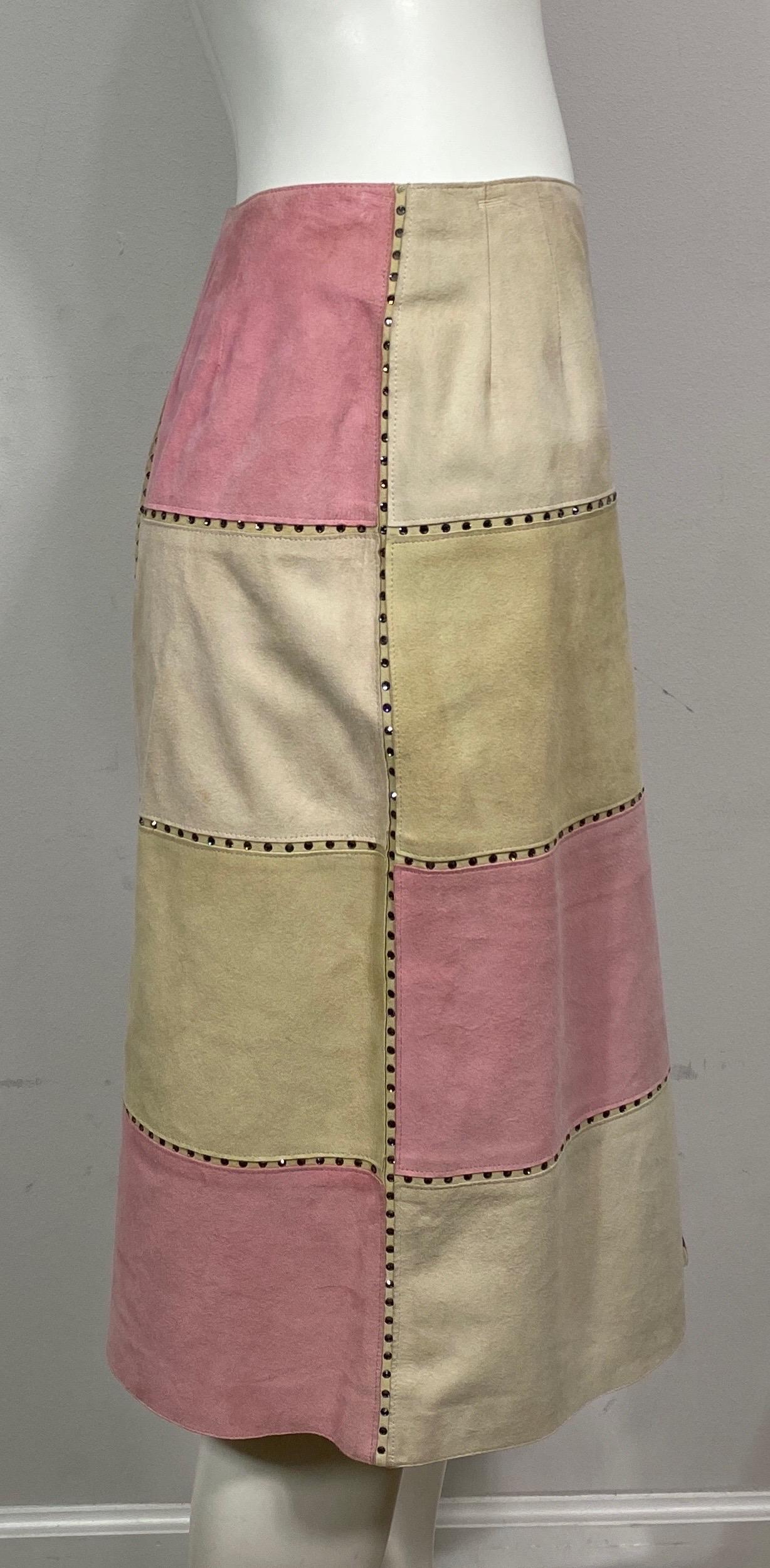 Valentino 2000 Autumn Collection Tan and Rose Patchwork Lambskin Skirt-Size 10 For Sale 2