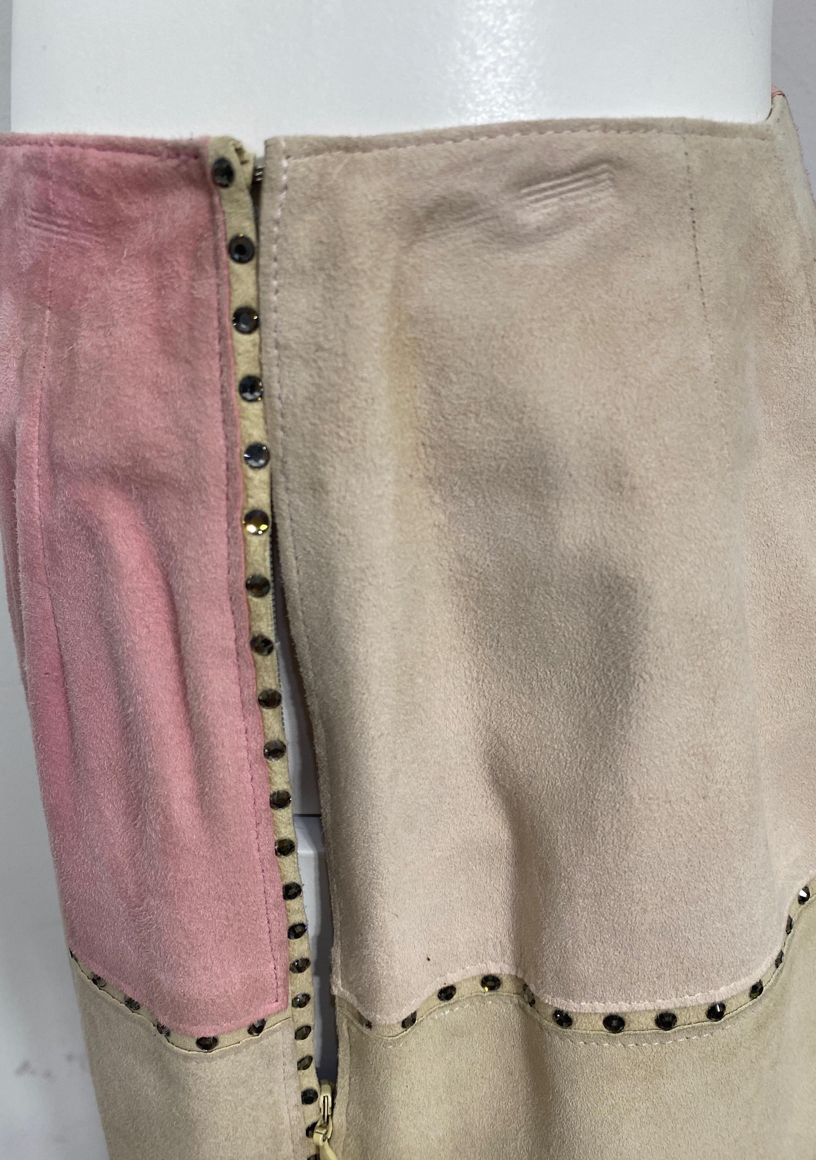 Valentino 2000 Autumn Collection Tan and Rose Patchwork Lambskin Skirt-Size 10 For Sale 5