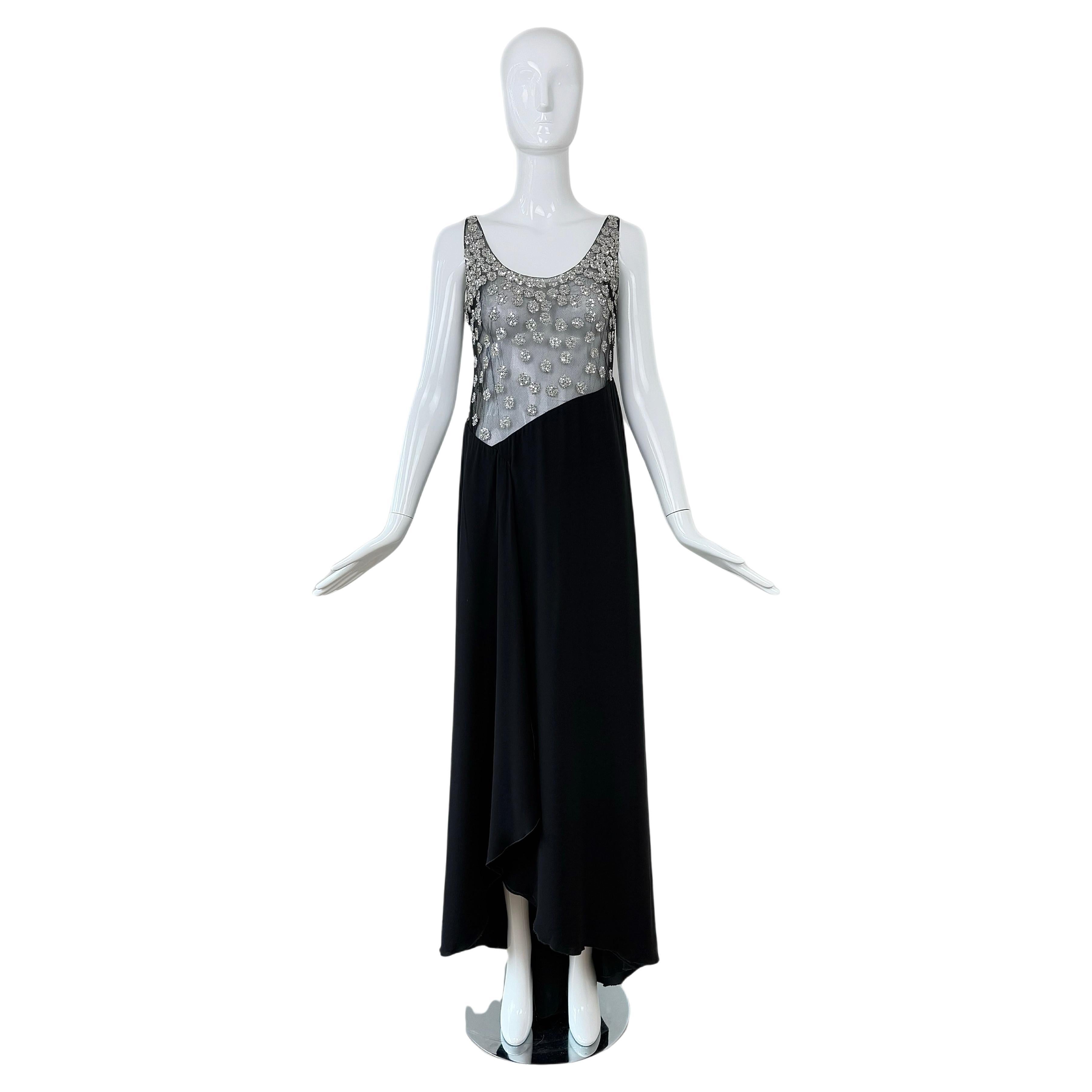 VALENTINO 2000 Vintage Schwarze schwarze Seide w. Silbernes Abendkleid mit Verzierungen Maxi