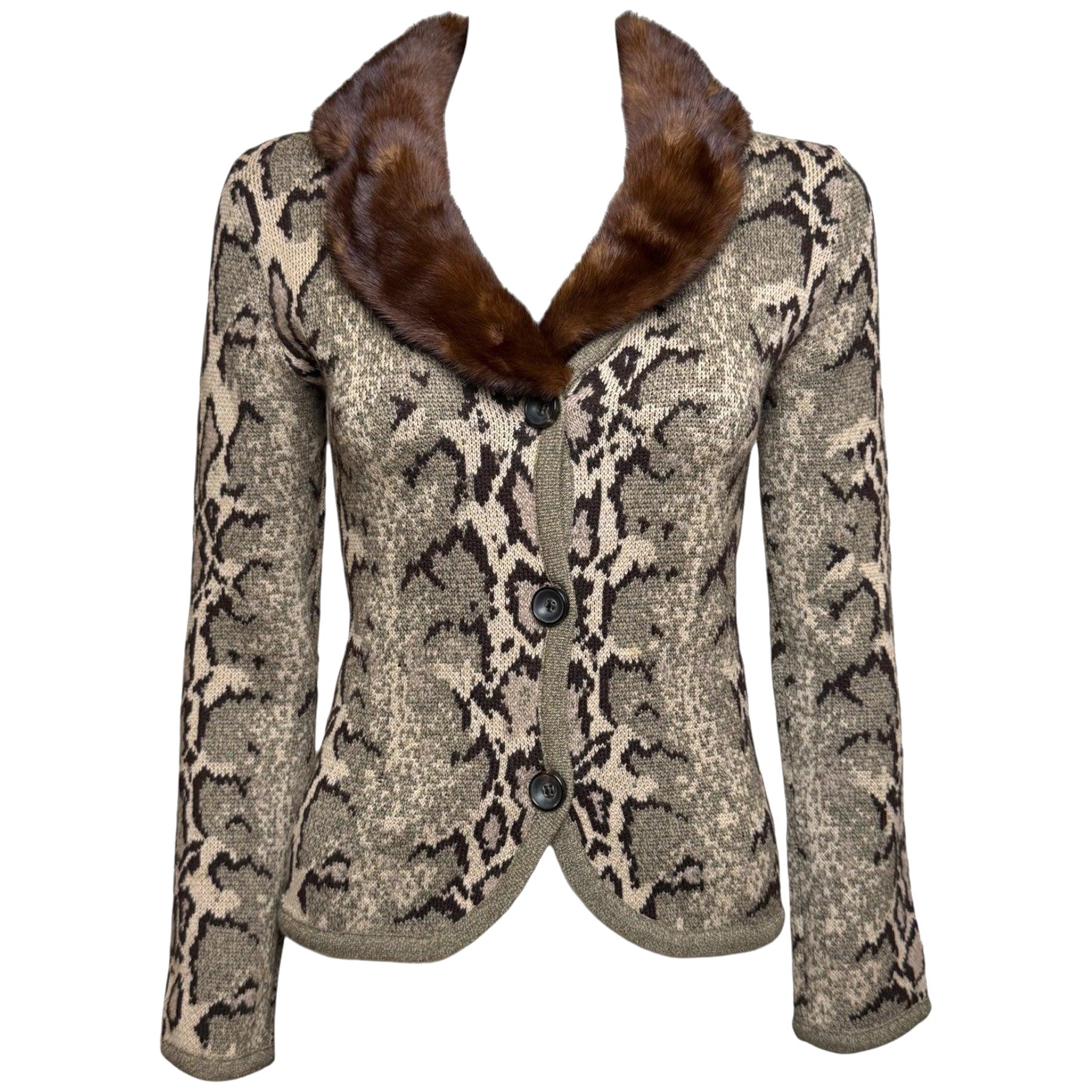 Pre-owned Valentino 2000s Beige & Brown Intarsia Snakeskin-print Fur-collar Cardigan