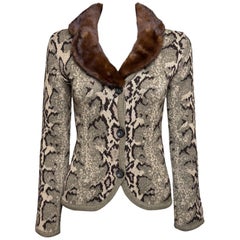 Valentino 2000s Beige & Brown Intarsia Snakeskin-Print Fur-Collar Cardigan