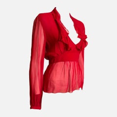 Valentino 2000s Red Sheer Ruffled Peplum Blouse