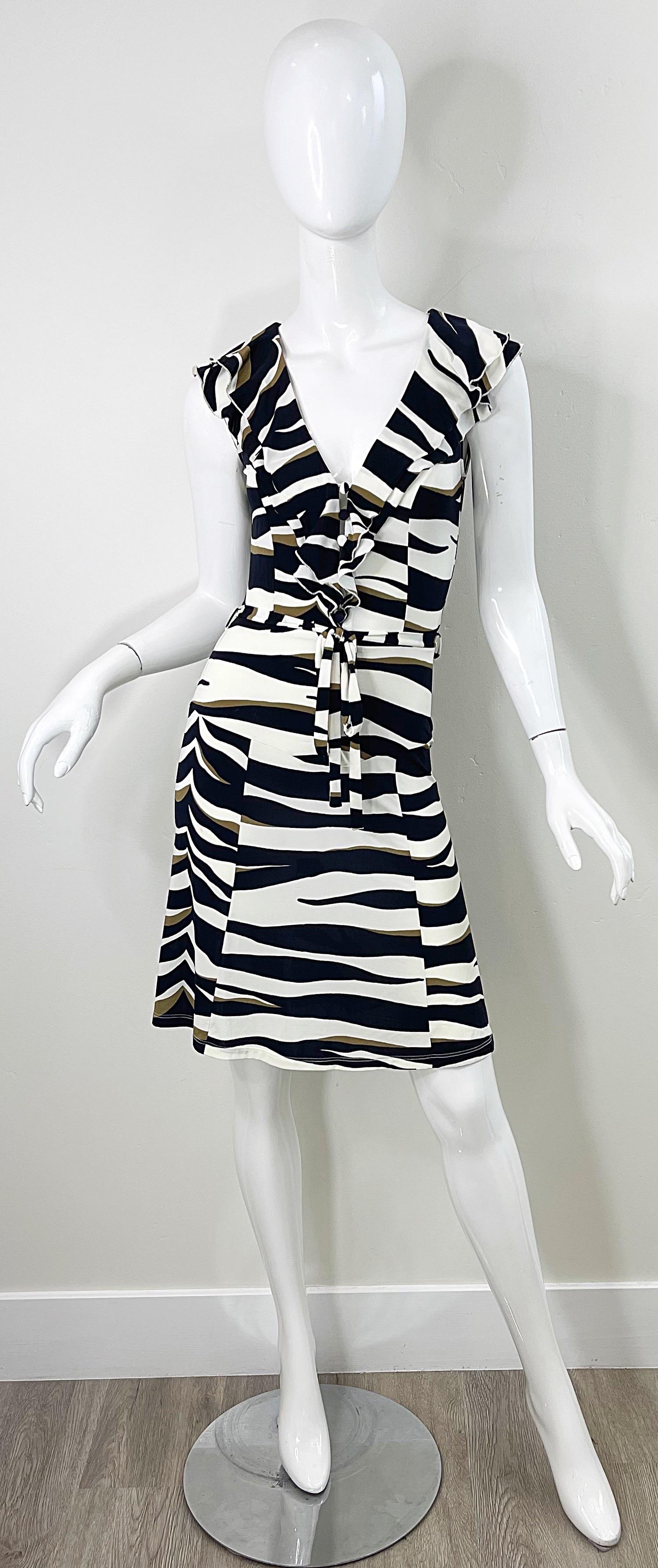 Valentino 2000s Size 6 Abstract Zebra Animal Print Black White and Brown Dress 7