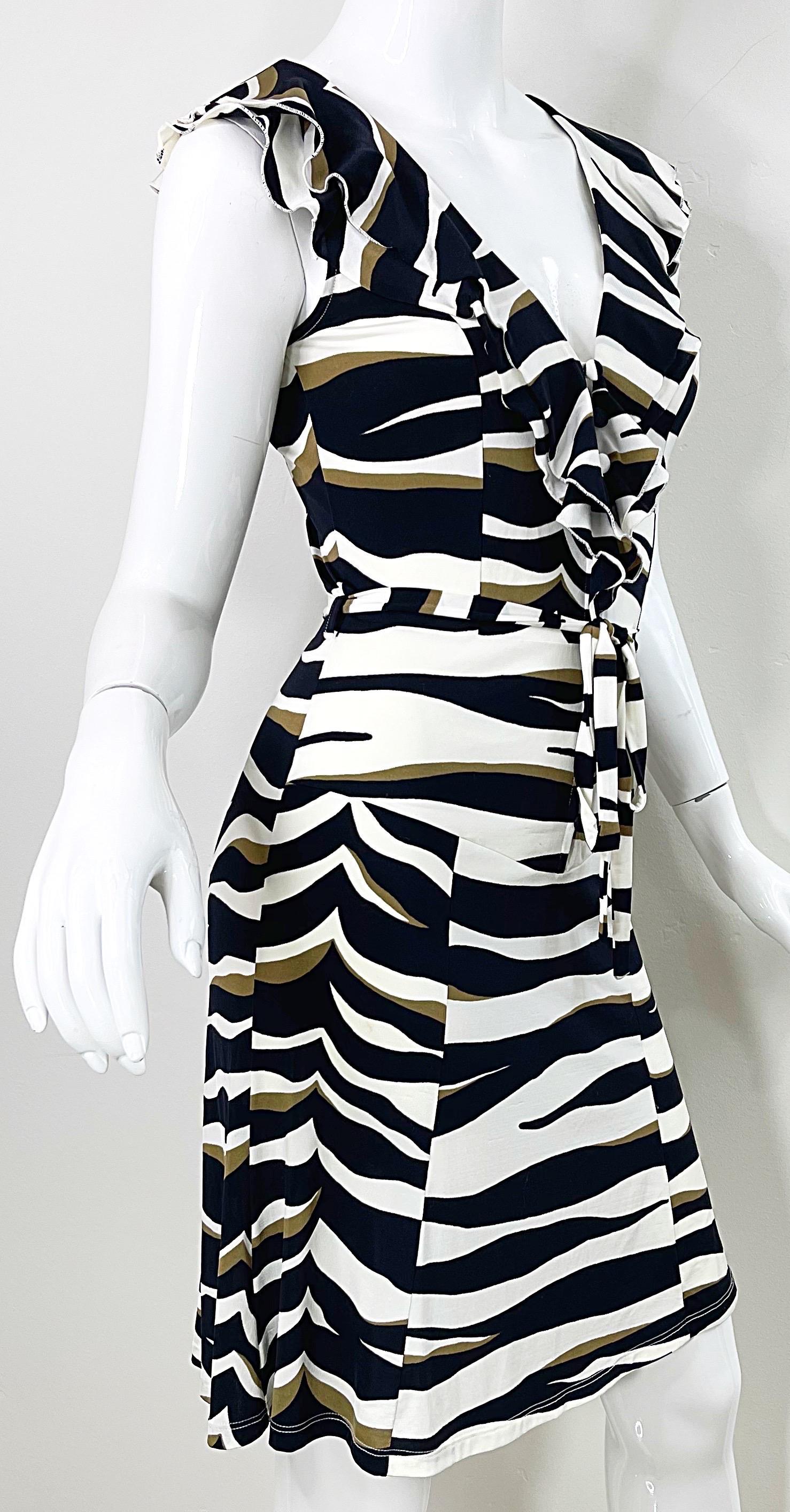 Women's Valentino 2000s Size 6 Abstract Zebra Animal Print Black White and Brown Dress