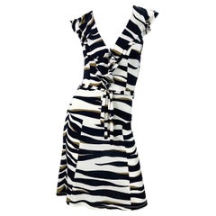 Valentino 2000s Size 6 Abstract Zebra Animal Print Black White and Brown Dress