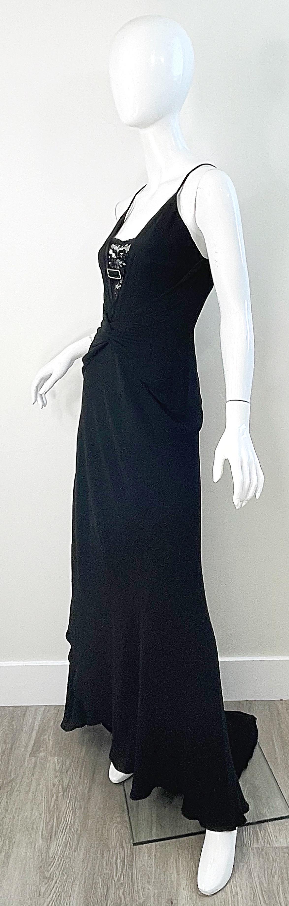 Valentino 2000s Size 6 Black Silk Lace Cut-Out Sequin Evening Gown Dress For Sale 15