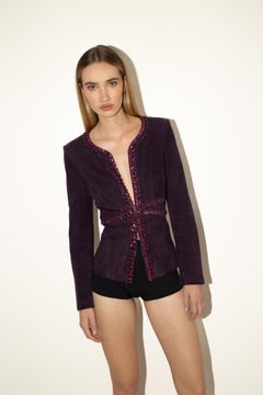 Valentino 2000's Suede Crystal Appliqué Micro Beaded Double Ended Zipper Jacket