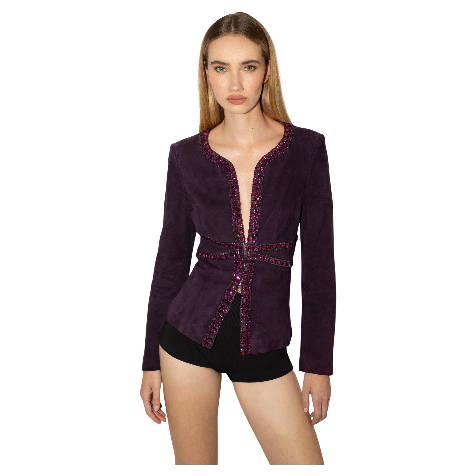 Valentino 2000's Suede Crystal Appliqué Micro Beaded Double Ended Zipper Jacket