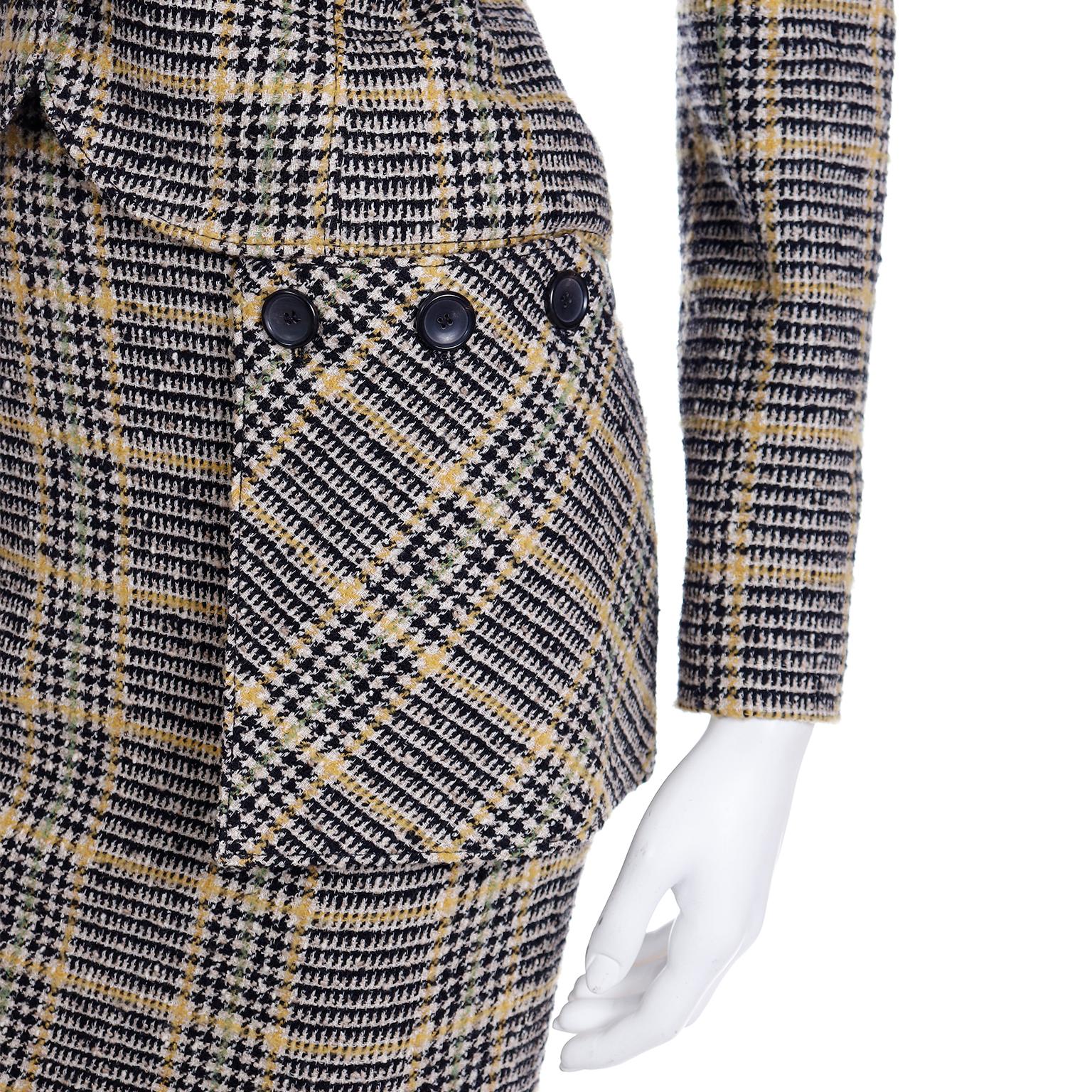 Valentino 2004 Runway Navy Blue Plaid Wool Skirt & Jacket Suit With Fox Fur 5